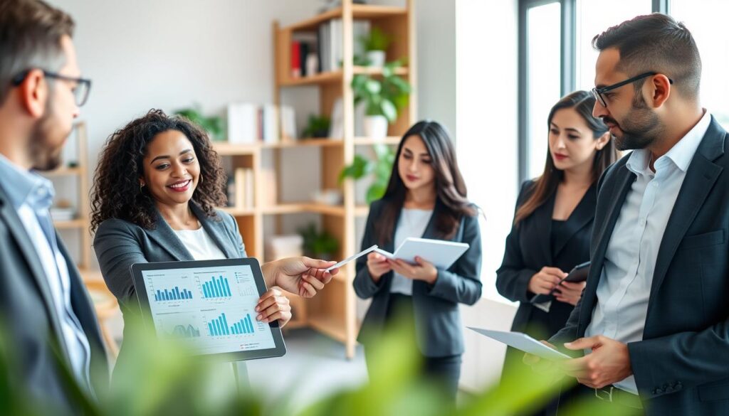 A modern office setting with a diverse group of three professionals engaged in a discussion about a consórcio system. In the foreground, a man in a suit points to a digital tablet showing graphs and information about investment strategies, while a woman in business attire takes notes. The middle ground features a large window letting in soft, natural light that creates an inviting atmosphere. In the background, a stylish office with shelves filled with books and plants adds a touch of sophistication. The scene conveys a sense of collaboration and professionalism, emphasizing the practical aspects of a consórcio system in a vibrant, productive environment. Soft lighting and a focus on clarity, with a slight depth of field to draw attention to the subjects. A modern office setting with a diverse group of three professionals engaged in a discussion about a consórcio system. In the foreground, a man in a suit points to a digital tablet showing graphs and information about investment strategies, while a woman in business attire takes notes. The middle ground features a large window letting in soft, natural light that creates an inviting atmosphere. In the background, a stylish office with shelves filled with books and plants adds a touch of sophistication. The scene conveys a sense of collaboration and professionalism, emphasizing the practical aspects of a consórcio system in a vibrant, productive environment. Soft lighting and a focus on clarity, with a slight depth of field to draw attention to the subjects.