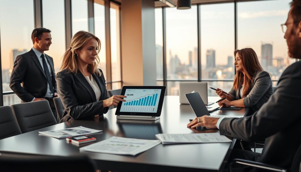 A modern office setting with a focus on a confident, diverse group of professionals discussing financing options. In the foreground, a thoughtful businesswoman in professional attire points at a digital tablet displaying financial graphs related to home financing, while a man beside her takes notes. The middle ground shows a sleek conference table with paperwork, mortgage brochures, and a laptop. In the background, large windows let in warm, natural light, showcasing a city skyline. The atmosphere is focused and collaborative, suggesting a serious discussion about the 90% home financing option from Santander. The image conveys optimism and professionalism, with a clean, organized aesthetic. A modern office setting with a focus on a confident, diverse group of professionals discussing financing options. In the foreground, a thoughtful businesswoman in professional attire points at a digital tablet displaying financial graphs related to home financing, while a man beside her takes notes. The middle ground shows a sleek conference table with paperwork, mortgage brochures, and a laptop. In the background, large windows let in warm, natural light, showcasing a city skyline. The atmosphere is focused and collaborative, suggesting a serious discussion about the 90% home financing option from Santander. The image conveys optimism and professionalism, with a clean, organized aesthetic.