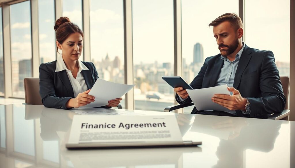 A modern office setting with a large window showcasing a cityscape in the background, indicating a bright, hopeful atmosphere. In the foreground, a professional woman in business attire sits at a sleek desk, looking thoughtfully at a document labeled 'Financing Agreement'. Opposite her, a man in smart casual clothing appears concerned while holding a calculator and a legal document. Their expressions should convey a mix of negotiation and contemplation, reflecting the tension of dividing property post-divorce. Soft, natural light illuminates the room, enhancing the emotional gravity of the scene. The composition captures the essence of financial discussions amid personal transitions, embodying the theme of divorce and real estate financing without explicit details. A modern office setting with a large window showcasing a cityscape in the background, indicating a bright, hopeful atmosphere. In the foreground, a professional woman in business attire sits at a sleek desk, looking thoughtfully at a document labeled 'Financing Agreement'. Opposite her, a man in smart casual clothing appears concerned while holding a calculator and a legal document. Their expressions should convey a mix of negotiation and contemplation, reflecting the tension of dividing property post-divorce. Soft, natural light illuminates the room, enhancing the emotional gravity of the scene. The composition captures the essence of financial discussions amid personal transitions, embodying the theme of divorce and real estate financing without explicit details.