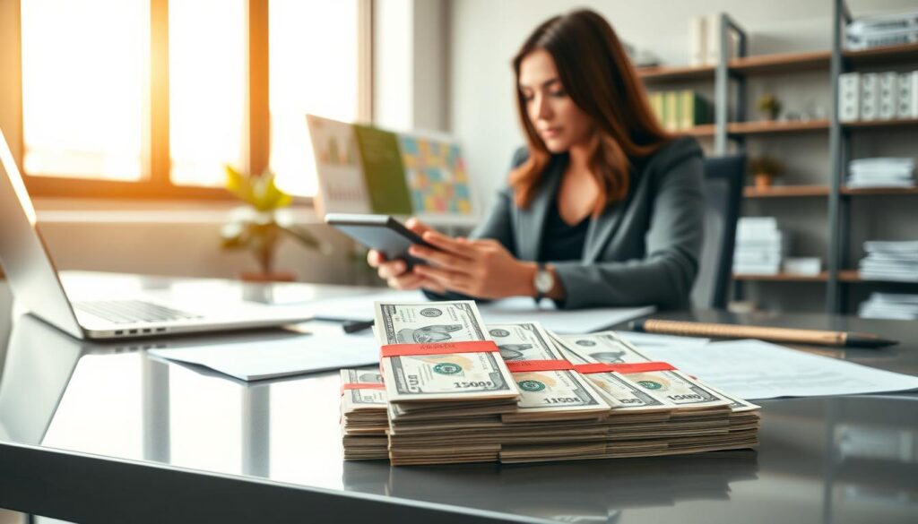 A modern office setting with a professional female financial advisor sitting at a sleek desk, examining four stacks of cash representing "quatro salários mínimos." The foreground features a close-up of the advisor's hands holding a calculator, with the cash prominently displayed beside papers and a laptop. In the middle ground, a window with natural light floods in, illuminating the workspace and creating a warm, inviting atmosphere. The background shows charts and financial documents neatly organized on shelves, hinting at a busy but organized environment. The composition is shot from a slight angle, emphasizing both the advisor and the cash on the desk, capturing a serious yet hopeful mood, symbolizing financial assessment for self-employed individuals. A modern office setting with a professional female financial advisor sitting at a sleek desk, examining four stacks of cash representing "quatro salários mínimos." The foreground features a close-up of the advisor's hands holding a calculator, with the cash prominently displayed beside papers and a laptop. In the middle ground, a window with natural light floods in, illuminating the workspace and creating a warm, inviting atmosphere. The background shows charts and financial documents neatly organized on shelves, hinting at a busy but organized environment. The composition is shot from a slight angle, emphasizing both the advisor and the cash on the desk, capturing a serious yet hopeful mood, symbolizing financial assessment for self-employed individuals.