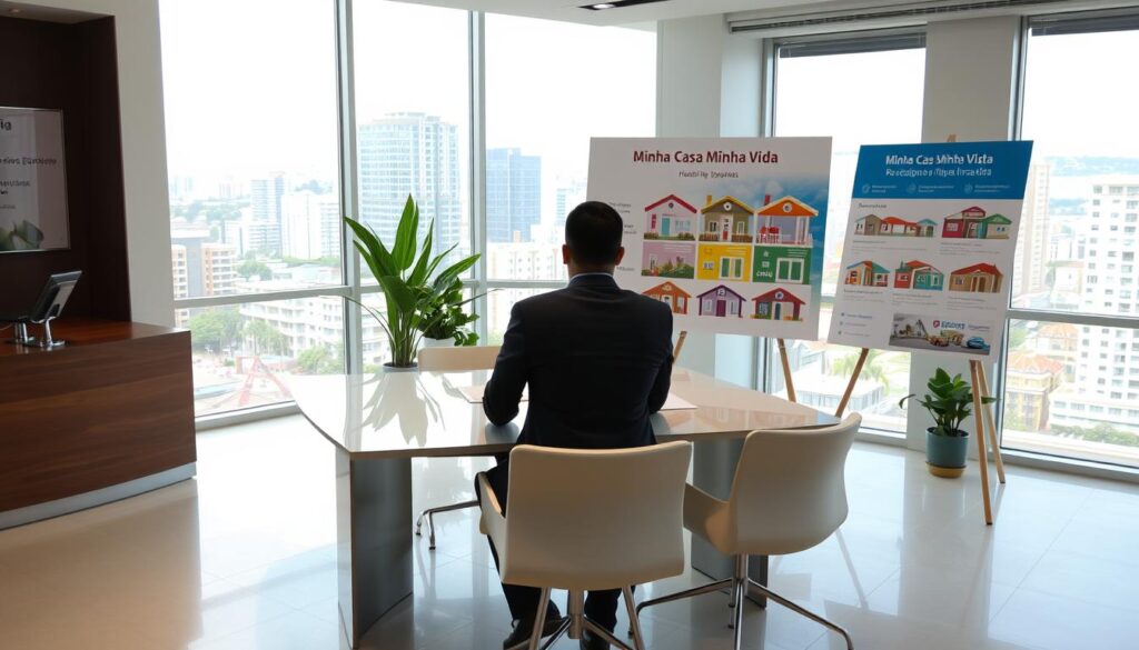 A modern real estate office setting for "Imobiliária Silvio Iwata," featuring a welcoming reception area. In the foreground, a professional-looking real estate agent dressed in smart business attire is engaging with a prospective client at a sleek conference table. In the middle, large windows let in soft, natural light, showcasing a vibrant urban view of Maringá. Green potted plants add a touch of freshness to the space. In the background, a prominent display board illustrates various housing options under the "Minha Casa Minha Vida" program, creating a sense of purpose and community. The atmosphere is bright, inviting, and professional, suggesting a hub of activity where residents can learn about housing opportunities. A modern real estate office setting for "Imobiliária Silvio Iwata," featuring a welcoming reception area. In the foreground, a professional-looking real estate agent dressed in smart business attire is engaging with a prospective client at a sleek conference table. In the middle, large windows let in soft, natural light, showcasing a vibrant urban view of Maringá. Green potted plants add a touch of freshness to the space. In the background, a prominent display board illustrates various housing options under the "Minha Casa Minha Vida" program, creating a sense of purpose and community. The atmosphere is bright, inviting, and professional, suggesting a hub of activity where residents can learn about housing opportunities.