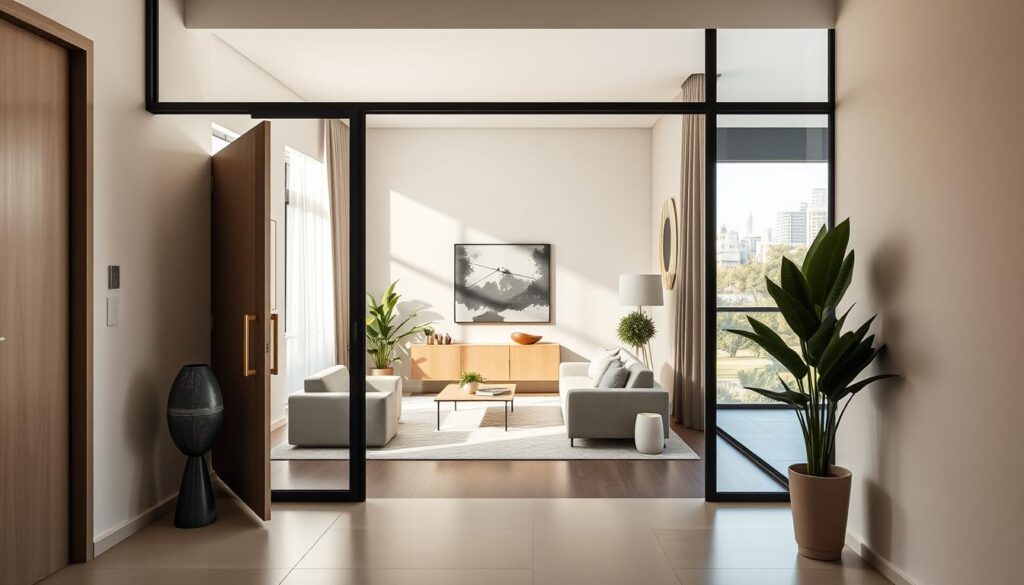 A modern residential apartment in Maringá featuring a sleek, welcoming entrance with minimalistic design elements and neutral color tones. The foreground includes an open door leading into a cozy, sunlit living room with contemporary furniture and decorative plants. In the middle, a stylish reception area showcases subtle decor that evokes a sense of comfort and sophistication, while sunlight streams through large windows, creating inviting shadows. The background reveals a glimpse of the surrounding urban landscape, with a hint of greenery from nearby parks. The image should be captured with a warm, soft focus, highlighting the comfort and appealing design of the space, encouraging a positive atmosphere for potential new residents. Keep the composition balanced and clean, with no text or other distractions. A modern residential apartment in Maringá featuring a sleek, welcoming entrance with minimalistic design elements and neutral color tones. The foreground includes an open door leading into a cozy, sunlit living room with contemporary furniture and decorative plants. In the middle, a stylish reception area showcases subtle decor that evokes a sense of comfort and sophistication, while sunlight streams through large windows, creating inviting shadows. The background reveals a glimpse of the surrounding urban landscape, with a hint of greenery from nearby parks. The image should be captured with a warm, soft focus, highlighting the comfort and appealing design of the space, encouraging a positive atmosphere for potential new residents. Keep the composition balanced and clean, with no text or other distractions.