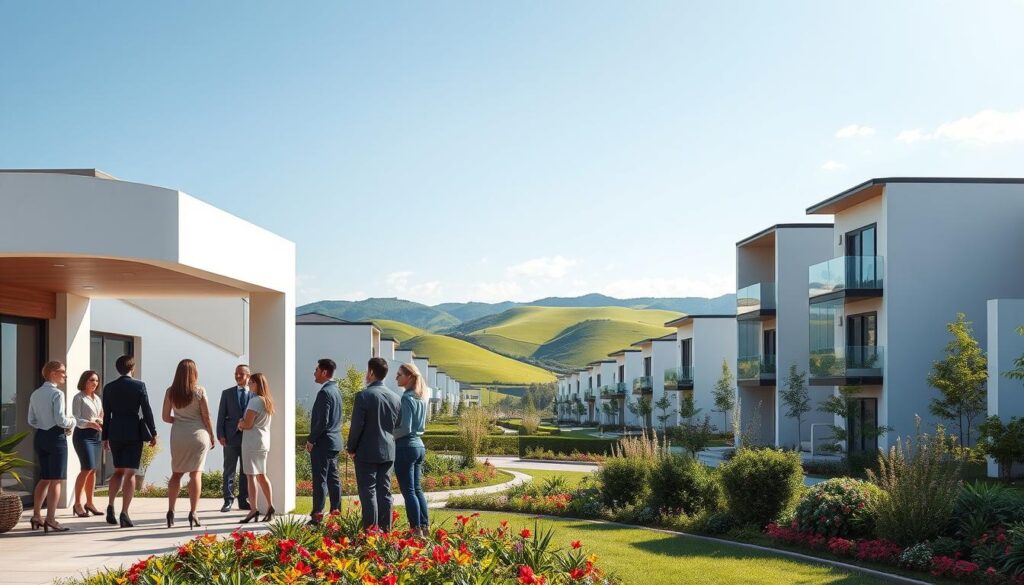 A modern residential complex named "Casa Fácil Paraná," featuring clean lines and eco-friendly architecture. In the foreground, a welcoming entrance with a landscaped garden, showcasing vibrant flowers and greenery. To the left, a diverse group of residents in professional business attire engage in friendly conversation, conveying a sense of community and diversity. The middle ground displays a series of eco-conscious homes with solar panels and large windows, emphasizing sustainability. In the background, the lush Paraná countryside with rolling hills under a bright blue sky. Soft, natural lighting casts gentle shadows, creating an inviting atmosphere. The perspective is slightly elevated, capturing the expansive layout of the housing development, reflecting a hopeful vision for modern living in Paraná. A modern residential complex named "Casa Fácil Paraná," featuring clean lines and eco-friendly architecture. In the foreground, a welcoming entrance with a landscaped garden, showcasing vibrant flowers and greenery. To the left, a diverse group of residents in professional business attire engage in friendly conversation, conveying a sense of community and diversity. The middle ground displays a series of eco-conscious homes with solar panels and large windows, emphasizing sustainability. In the background, the lush Paraná countryside with rolling hills under a bright blue sky. Soft, natural lighting casts gentle shadows, creating an inviting atmosphere. The perspective is slightly elevated, capturing the expansive layout of the housing development, reflecting a hopeful vision for modern living in Paraná.