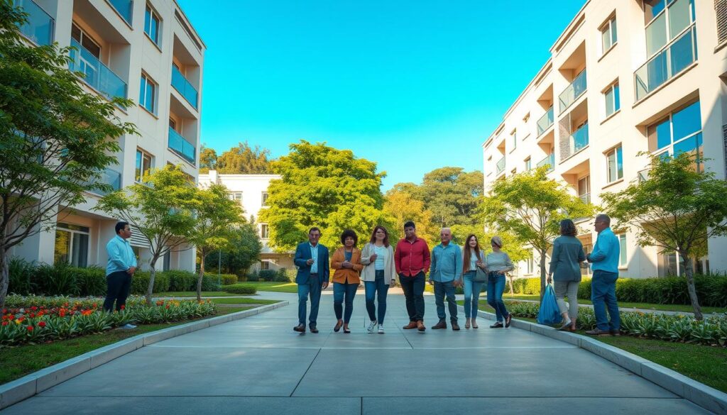A modern residential condominium building in Paraná, Brazil, showcasing accessible features for people with disabilities. In the foreground, a wide entrance ramp leads to the main entrance, flanked by well-maintained gardens. A diverse group of individuals of varying ages and abilities, dressed in professional attire and modest casual clothing, interact positively near the entrance, illustrating community engagement. In the middle ground, visible large windows reflect the sustainable architecture, emphasizing accessibility. In the background, a clear blue sky complements the vibrant green trees surrounding the neighborhood. Soft, natural lighting casts gentle shadows, creating an inviting and hopeful atmosphere that embodies inclusivity and support for all residents. A modern residential condominium building in Paraná, Brazil, showcasing accessible features for people with disabilities. In the foreground, a wide entrance ramp leads to the main entrance, flanked by well-maintained gardens. A diverse group of individuals of varying ages and abilities, dressed in professional attire and modest casual clothing, interact positively near the entrance, illustrating community engagement. In the middle ground, visible large windows reflect the sustainable architecture, emphasizing accessibility. In the background, a clear blue sky complements the vibrant green trees surrounding the neighborhood. Soft, natural lighting casts gentle shadows, creating an inviting and hopeful atmosphere that embodies inclusivity and support for all residents.