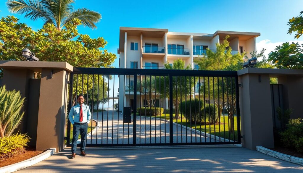 A modern residential condominium in Paiçandu, showcasing a secure, inviting entrance with a sleek security gate and well-maintained landscaping. In the foreground, a friendly security guard in professional attire stands by the entrance. The middle view features a spacious, contemporary building with balconies, surrounded by lush greenery, creating a peaceful atmosphere. The background has a clear blue sky and soft sunlight filtering through the trees, casting gentle shadows. The mood is warm and welcoming, emphasizing safety and affordability. Use a wide-angle lens to capture the entire scene, highlighting both the security features and the liveliness of the community. A modern residential condominium in Paiçandu, showcasing a secure, inviting entrance with a sleek security gate and well-maintained landscaping. In the foreground, a friendly security guard in professional attire stands by the entrance. The middle view features a spacious, contemporary building with balconies, surrounded by lush greenery, creating a peaceful atmosphere. The background has a clear blue sky and soft sunlight filtering through the trees, casting gentle shadows. The mood is warm and welcoming, emphasizing safety and affordability. Use a wide-angle lens to capture the entire scene, highlighting both the security features and the liveliness of the community.