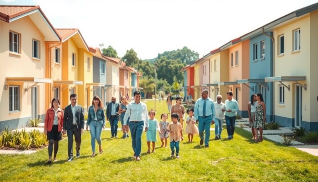 A modern residential neighborhood showcasing the "Minha Casa Minha Vida" housing program with well-constructed, affordable homes in various shades of pastel. In the foreground, families of diverse backgrounds gather joyfully outside their homes, dressed in professional business attire and modest casual clothing, expressing a sense of community and optimism. In the middle ground, children play and adults engage in conversations, reinforcing the theme of family and support. The background includes lush greenery and clear blue skies, creating a bright, inviting atmosphere. The image is under soft, natural lighting that enhances the warm and hopeful mood of the scene. The perspective is slightly elevated, providing a clear overview of the neighborhood layout and inviting viewers to appreciate the concept of accessible housing turned into a reality. A modern residential neighborhood showcasing the "Minha Casa Minha Vida" housing program with well-constructed, affordable homes in various shades of pastel. In the foreground, families of diverse backgrounds gather joyfully outside their homes, dressed in professional business attire and modest casual clothing, expressing a sense of community and optimism. In the middle ground, children play and adults engage in conversations, reinforcing the theme of family and support. The background includes lush greenery and clear blue skies, creating a bright, inviting atmosphere. The image is under soft, natural lighting that enhances the warm and hopeful mood of the scene. The perspective is slightly elevated, providing a clear overview of the neighborhood layout and inviting viewers to appreciate the concept of accessible housing turned into a reality.