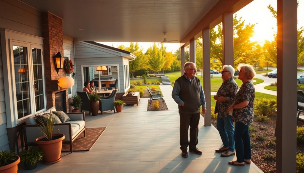 A modern senior living model home, designed for the elderly, featuring accessible amenities. In the foreground, a spacious porch welcomes residents with comfortable seating and potted plants. The middle section showcases the home with a large, open layout including a cozy living room with a fireplace, kitchen equipped with modern appliances, and an inviting dining area with natural light streaming through large windows. The background contains a landscaped garden with walking paths and benches, surrounded by lush greenery, creating a serene atmosphere. The scene is illuminated by soft, warm sunlight during golden hour, giving a welcoming and peaceful mood. The image should feature residents in modest casual clothing, engaged in friendly conversation on the porch, depicting community and liveliness. A modern senior living model home, designed for the elderly, featuring accessible amenities. In the foreground, a spacious porch welcomes residents with comfortable seating and potted plants. The middle section showcases the home with a large, open layout including a cozy living room with a fireplace, kitchen equipped with modern appliances, and an inviting dining area with natural light streaming through large windows. The background contains a landscaped garden with walking paths and benches, surrounded by lush greenery, creating a serene atmosphere. The scene is illuminated by soft, warm sunlight during golden hour, giving a welcoming and peaceful mood. The image should feature residents in modest casual clothing, engaged in friendly conversation on the porch, depicting community and liveliness.