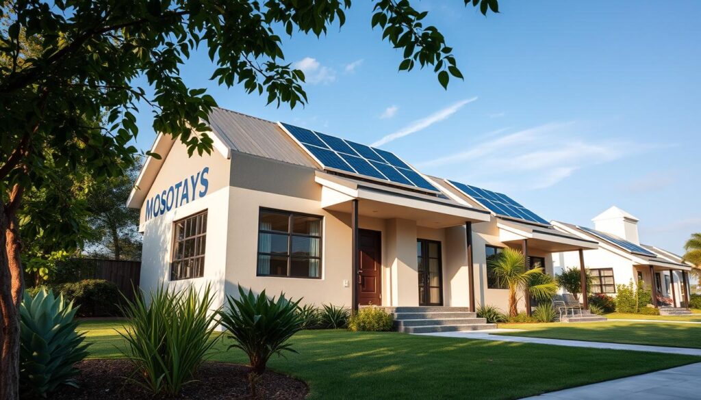 A modern single housing unit designed for young professionals in Maringá, showcasing contemporary architecture with large windows and a welcoming front porch. In the foreground, a well-groomed garden with native plants and a small seating area, suggesting a community feel. The middle ground features the house itself, adorned with a fresh coat of paint and energy-efficient solar panels on the roof. In the background, a clear blue sky with soft clouds, symbolizing hope and opportunities. The lighting is bright and natural, evoking a warm, inviting atmosphere during the daytime. The image should reflect a sense of community and modern living, appealing to single individuals seeking affordable housing options. A modern single housing unit designed for young professionals in Maringá, showcasing contemporary architecture with large windows and a welcoming front porch. In the foreground, a well-groomed garden with native plants and a small seating area, suggesting a community feel. The middle ground features the house itself, adorned with a fresh coat of paint and energy-efficient solar panels on the roof. In the background, a clear blue sky with soft clouds, symbolizing hope and opportunities. The lighting is bright and natural, evoking a warm, inviting atmosphere during the daytime. The image should reflect a sense of community and modern living, appealing to single individuals seeking affordable housing options.