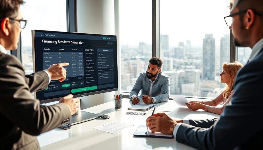 A modern, sleek financing simulator interface displayed on a large computer screen in a bright, professional office setting. In the foreground, a financial advisor wearing business attire points at the screen, explaining details about home financing options. In the middle ground, a diverse group of individuals, including a couple looking engaged and thoughtful, sit together at a conference table, reviewing notes and calculating potential costs. In the background, large windows showcase an urban landscape, with natural light streaming in, creating a hopeful and constructive atmosphere. The overall mood is one of collaboration and financial empowerment, with a focus on clarity and understanding in financing choices. The perspective is from the side, offering a comprehensive view of the interaction and the simulator interface. A modern, sleek financing simulator interface displayed on a large computer screen in a bright, professional office setting. In the foreground, a financial advisor wearing business attire points at the screen, explaining details about home financing options. In the middle ground, a diverse group of individuals, including a couple looking engaged and thoughtful, sit together at a conference table, reviewing notes and calculating potential costs. In the background, large windows showcase an urban landscape, with natural light streaming in, creating a hopeful and constructive atmosphere. The overall mood is one of collaboration and financial empowerment, with a focus on clarity and understanding in financing choices. The perspective is from the side, offering a comprehensive view of the interaction and the simulator interface.
