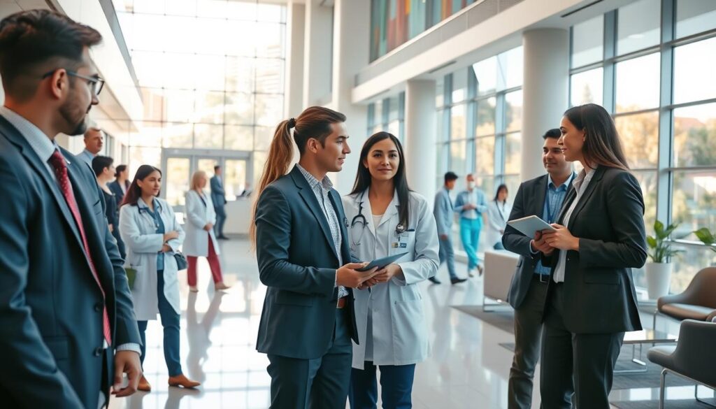 A modern university hospital environment bustling with activity. In the foreground, a diverse group of medical residents in professional business attire, engaged in discussions and studying together, showcasing collaboration and learning. The middle ground features a welcoming reception area with sleek furniture and healthcare visuals, highlighting the hospital's purpose. In the background, large glass windows reveal a bright, sunny day, emphasizing a vibrant atmosphere. The lighting is bright and inviting, creating a sense of hope and professionalism. The camera angle is slightly elevated, capturing both the residents and the architectural beauty of the hospital. The overall mood is energetic and focused, conveying the appeal of the university hospital to aspiring medical professionals. A modern university hospital environment bustling with activity. In the foreground, a diverse group of medical residents in professional business attire, engaged in discussions and studying together, showcasing collaboration and learning. The middle ground features a welcoming reception area with sleek furniture and healthcare visuals, highlighting the hospital's purpose. In the background, large glass windows reveal a bright, sunny day, emphasizing a vibrant atmosphere. The lighting is bright and inviting, creating a sense of hope and professionalism. The camera angle is slightly elevated, capturing both the residents and the architectural beauty of the hospital. The overall mood is energetic and focused, conveying the appeal of the university hospital to aspiring medical professionals.