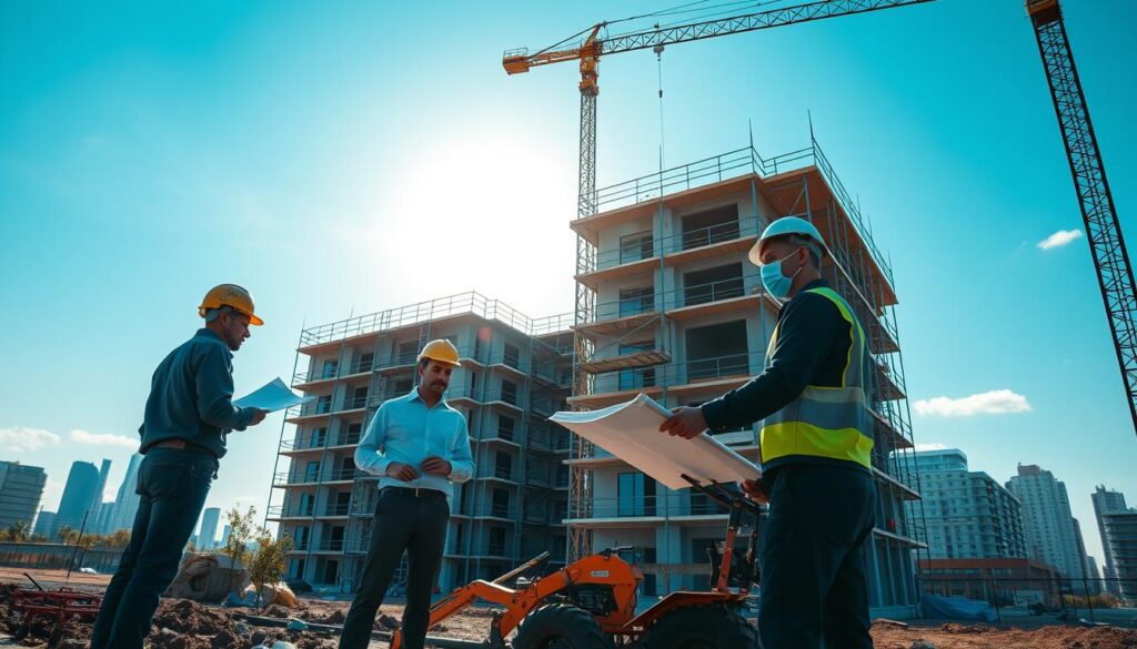 A modern urban construction scene showcasing a bustling construction site in Maringá. In the foreground, skilled workers in professional attire are collaborating, one reviewing plans while another operates machinery. The middle ground features a partially completed residential building with scaffolding, showcasing a blend of modern architecture and traditional Brazilian elements. In the background, the skyline of Maringá is visible, with clear blue skies and the sun casting soft, warm lighting over the scene, creating a sense of progress and hope. The mood is professional and industrious, reflecting the dedication of construction companies like MRV, Yticon, and Pride in delivering projects on time. The angle captures both the workers and the building harmoniously, emphasizing teamwork and innovation in construction. A modern urban construction scene showcasing a bustling construction site in Maringá. In the foreground, skilled workers in professional attire are collaborating, one reviewing plans while another operates machinery. The middle ground features a partially completed residential building with scaffolding, showcasing a blend of modern architecture and traditional Brazilian elements. In the background, the skyline of Maringá is visible, with clear blue skies and the sun casting soft, warm lighting over the scene, creating a sense of progress and hope. The mood is professional and industrious, reflecting the dedication of construction companies like MRV, Yticon, and Pride in delivering projects on time. The angle captures both the workers and the building harmoniously, emphasizing teamwork and innovation in construction.