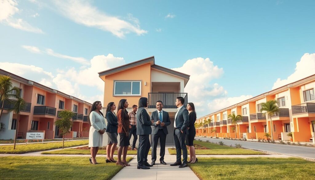 A modern urban housing project illustrating the "Programa Minha Casa Minha Vida." In the foreground, a diverse group of professionals in modest business attire are engaged in discussion outside a newly constructed home, symbolizing family and stability. The middle ground features rows of colorful two-story homes with well-kept gardens, representing community and accessibility. In the background, a clear blue sky and gentle clouds reflect a hopeful atmosphere, enhancing the feeling of aspiration associated with home ownership. Soft, natural lighting highlights the warmth of the scene, while a wide-angle perspective showcases the architectural design. The mood is uplifting and inclusive, capturing the essence of home and family within the context of the housing program. A modern urban housing project illustrating the "Programa Minha Casa Minha Vida." In the foreground, a diverse group of professionals in modest business attire are engaged in discussion outside a newly constructed home, symbolizing family and stability. The middle ground features rows of colorful two-story homes with well-kept gardens, representing community and accessibility. In the background, a clear blue sky and gentle clouds reflect a hopeful atmosphere, enhancing the feeling of aspiration associated with home ownership. Soft, natural lighting highlights the warmth of the scene, while a wide-angle perspective showcases the architectural design. The mood is uplifting and inclusive, capturing the essence of home and family within the context of the housing program.