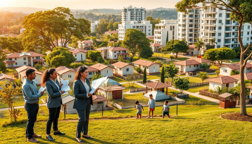 A modern urban landscape in Brazil, focusing on a residential area showcasing affordable housing options. In the foreground, a diverse group of professional individuals in business attire are discussing housing plans, with blueprints and documents in hand. The middle ground features a vibrant community of modest homes, illustrating the concept of housing subsidies, with children playing in a safe, green park. In the background, lush trees and modern buildings contrast, symbolizing growth and development in Maringá, Paraná. The atmosphere is hopeful and collaborative, with warm, natural lighting suggesting a bright future. Use a slightly elevated angle to capture the community spirit and design of the homes effectively. A modern urban landscape in Brazil, focusing on a residential area showcasing affordable housing options. In the foreground, a diverse group of professional individuals in business attire are discussing housing plans, with blueprints and documents in hand. The middle ground features a vibrant community of modest homes, illustrating the concept of housing subsidies, with children playing in a safe, green park. In the background, lush trees and modern buildings contrast, symbolizing growth and development in Maringá, Paraná. The atmosphere is hopeful and collaborative, with warm, natural lighting suggesting a bright future. Use a slightly elevated angle to capture the community spirit and design of the homes effectively.