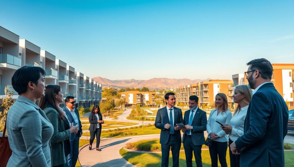 A modern urban residential area in Sarandi, showcasing distinct new housing developments representing "subsidio habitacional." In the foreground, a diverse group of individuals in professional attire discuss housing options, illustrating community engagement. In the middle-ground, contemporary apartment buildings with inviting facades and vibrant landscaping reflect a welcoming environment. The background features a clear blue sky and distant hills, symbolizing hope and growth. Soft afternoon sunlight casts warm shadows, creating a serene and optimistic atmosphere. The composition is framed with a slightly tilted angle, highlighting the blend of human interaction and modern architecture, encapsulating the essence of housing subsidies and regional dynamics without any text or distortions. A modern urban residential area in Sarandi, showcasing distinct new housing developments representing "subsidio habitacional." In the foreground, a diverse group of individuals in professional attire discuss housing options, illustrating community engagement. In the middle-ground, contemporary apartment buildings with inviting facades and vibrant landscaping reflect a welcoming environment. The background features a clear blue sky and distant hills, symbolizing hope and growth. Soft afternoon sunlight casts warm shadows, creating a serene and optimistic atmosphere. The composition is framed with a slightly tilted angle, highlighting the blend of human interaction and modern architecture, encapsulating the essence of housing subsidies and regional dynamics without any text or distortions.