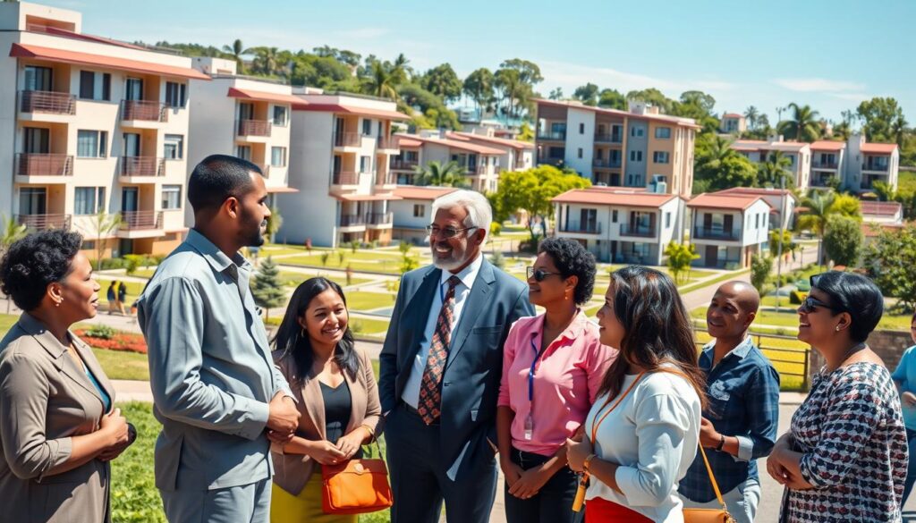 A modern urban scene depicting a community developed under the "Minha Casa Minha Vida" program. In the foreground, a diverse group of individuals in modest business attire and casual clothing is engaging in discussion, showcasing collaboration and community spirit. The middle ground features various well-designed residential buildings with green spaces, showcasing the architectural style and community layout typical of the program. The background includes blue skies and sunlit trees, emphasizing a vibrant and welcoming atmosphere. The lighting is bright and cheerful, capturing a daytime setting that conveys optimism and hope. Use a slightly elevated perspective to encapsulate both the community spirit and the architecture harmoniously. A modern urban scene depicting a community developed under the "Minha Casa Minha Vida" program. In the foreground, a diverse group of individuals in modest business attire and casual clothing is engaging in discussion, showcasing collaboration and community spirit. The middle ground features various well-designed residential buildings with green spaces, showcasing the architectural style and community layout typical of the program. The background includes blue skies and sunlit trees, emphasizing a vibrant and welcoming atmosphere. The lighting is bright and cheerful, capturing a daytime setting that conveys optimism and hope. Use a slightly elevated perspective to encapsulate both the community spirit and the architecture harmoniously.