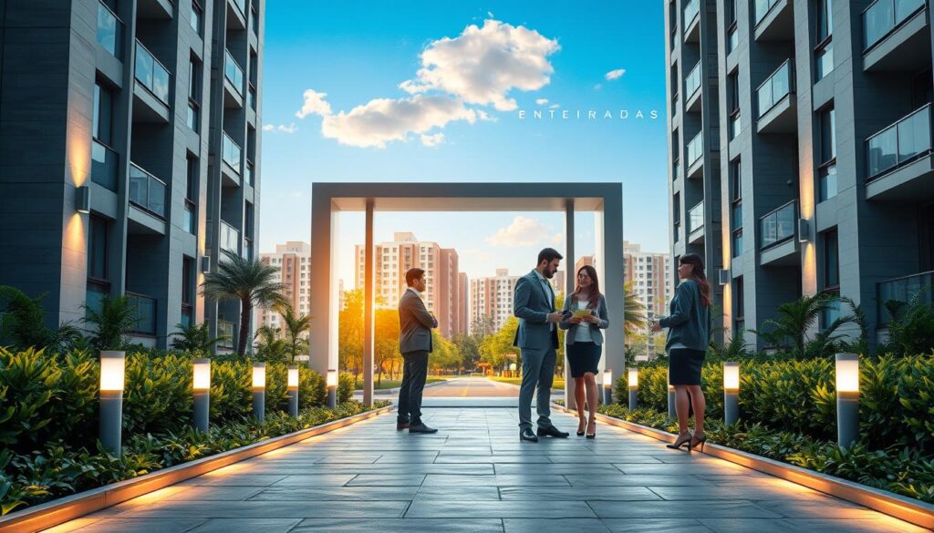 A modern urban setting depicting the concept of "entrada" in real estate, showcasing a stylish architectural entrance of a residential building in Maringá. In the foreground, there are families engaged in discussions with financial advisors, dressed in professional business attire, surrounded by paperwork and digital devices. In the middle ground, a pathway leads to the entrance, flanked by green landscaping and contemporary lighting. The background features a clear blue sky with a few clouds, and additional residential buildings in the distance, embodying a vibrant community atmosphere. The lighting should be bright and inviting, with a slight golden hour glow to convey optimism and opportunity in property ownership. The overall mood is hopeful and supportive, highlighting the benefits of installment payment plans in purchasing a home. A modern urban setting depicting the concept of "entrada" in real estate, showcasing a stylish architectural entrance of a residential building in Maringá. In the foreground, there are families engaged in discussions with financial advisors, dressed in professional business attire, surrounded by paperwork and digital devices. In the middle ground, a pathway leads to the entrance, flanked by green landscaping and contemporary lighting. The background features a clear blue sky with a few clouds, and additional residential buildings in the distance, embodying a vibrant community atmosphere. The lighting should be bright and inviting, with a slight golden hour glow to convey optimism and opportunity in property ownership. The overall mood is hopeful and supportive, highlighting the benefits of installment payment plans in purchasing a home.