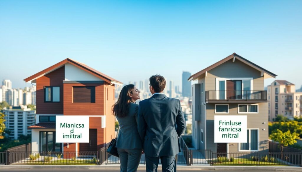 A modern urban setting depicting two residential properties side by side, symbolizing simultaneous financing under the Minha Casa Minha Vida program. In the foreground, a diverse group of three professionals in business attire is engaged in animated discussion, showcasing excitement about homeownership opportunities. The middle ground features two distinctly designed houses, one with a contemporary facade and the other in a traditional style, both displaying “financiamento” signs in a subtle manner. The background reveals a clear blue sky above a bustling city skyline, with sunlight casting warm highlights on the buildings. The overall atmosphere conveys optimism and possibility, emphasizing the concept of owning two properties simultaneously under the program. Soft focus on the edges enhances the central composition, inviting the viewer's focus on the homes and the engaged individuals. A modern urban setting depicting two residential properties side by side, symbolizing simultaneous financing under the Minha Casa Minha Vida program. In the foreground, a diverse group of three professionals in business attire is engaged in animated discussion, showcasing excitement about homeownership opportunities. The middle ground features two distinctly designed houses, one with a contemporary facade and the other in a traditional style, both displaying “financiamento” signs in a subtle manner. The background reveals a clear blue sky above a bustling city skyline, with sunlight casting warm highlights on the buildings. The overall atmosphere conveys optimism and possibility, emphasizing the concept of owning two properties simultaneously under the program. Soft focus on the edges enhances the central composition, inviting the viewer's focus on the homes and the engaged individuals.