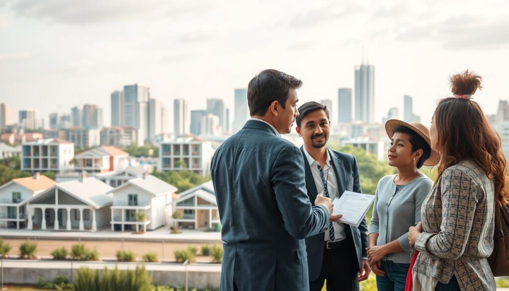 A modern urban setting showcasing a symbolic representation of the "Minha Casa, Minha Vida" (MCMV) program for 2025. In the foreground, a diverse group of individuals, including a middle-aged couple and a young family, are interacting with a professional advisor who is dressed in business attire, explaining the subsidies. The middle ground features architectural designs of completed homes, depicting the variety of housing options available under the MCMV program, with a backdrop of a vibrant city skyline in Maringá. Soft, natural lighting enhances a warm and inviting atmosphere, suggesting hope and opportunity. The angle emphasizes a sense of community and collaboration, capturing the essence of the housing initiative without any text or overlays. A modern urban setting showcasing a symbolic representation of the "Minha Casa, Minha Vida" (MCMV) program for 2025. In the foreground, a diverse group of individuals, including a middle-aged couple and a young family, are interacting with a professional advisor who is dressed in business attire, explaining the subsidies. The middle ground features architectural designs of completed homes, depicting the variety of housing options available under the MCMV program, with a backdrop of a vibrant city skyline in Maringá. Soft, natural lighting enhances a warm and inviting atmosphere, suggesting hope and opportunity. The angle emphasizes a sense of community and collaboration, capturing the essence of the housing initiative without any text or overlays.