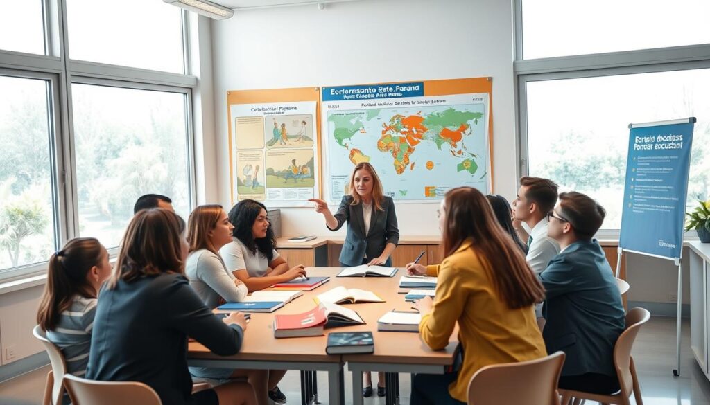 A modern, vibrant classroom scene depicting the "rede estadual" of Paraná, focusing on the dynamic interaction between teachers and students. In the foreground, a diverse group of engaged students, dressed in smart casual attire, are participating in a lively discussion around a large table filled with books and educational materials. The middle ground features a dedicated teacher, a middle-aged woman in professional attire, pointing at a colorful educational poster on the wall that showcases the achievements of the state education system. The background includes large windows allowing natural light to flood the room, highlighting the banners of the state of Paraná. The atmosphere is optimistic and inspiring, reflecting a commitment to education and community. Use warm lighting to enhance the inviting feel of the space. A modern, vibrant classroom scene depicting the "rede estadual" of Paraná, focusing on the dynamic interaction between teachers and students. In the foreground, a diverse group of engaged students, dressed in smart casual attire, are participating in a lively discussion around a large table filled with books and educational materials. The middle ground features a dedicated teacher, a middle-aged woman in professional attire, pointing at a colorful educational poster on the wall that showcases the achievements of the state education system. The background includes large windows allowing natural light to flood the room, highlighting the banners of the state of Paraná. The atmosphere is optimistic and inspiring, reflecting a commitment to education and community. Use warm lighting to enhance the inviting feel of the space.