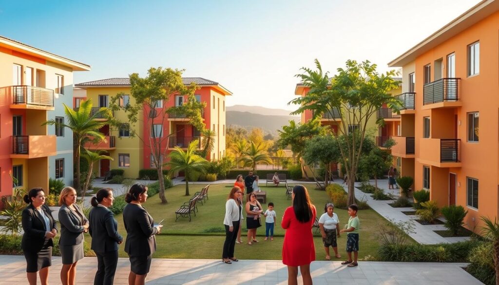 A modern, welcoming COHAPAR housing complex in Paraná, Brazil, featuring several two-story buildings with vibrant colors and lush green spaces. In the foreground, a group of women dressed in professional business attire, representing heads of families, are engaging in a discussion about community and housing opportunities. The middle section shows families interacting and children playing in a safe, communal area filled with trees and benches. The background displays the Paraná landscape with subtle hills and a clear blue sky, casting warm, natural lighting on the scene. The overall mood is hopeful and empowering, reflecting a supportive community initiative. A modern, welcoming COHAPAR housing complex in Paraná, Brazil, featuring several two-story buildings with vibrant colors and lush green spaces. In the foreground, a group of women dressed in professional business attire, representing heads of families, are engaging in a discussion about community and housing opportunities. The middle section shows families interacting and children playing in a safe, communal area filled with trees and benches. The background displays the Paraná landscape with subtle hills and a clear blue sky, casting warm, natural lighting on the scene. The overall mood is hopeful and empowering, reflecting a supportive community initiative.