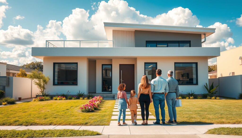 A modern, welcoming house representing "Casa Fácil Paraná" in Maringá, showcasing contemporary architecture with clean lines and vibrant colors, set in a pleasant neighborhood. In the foreground, include a small family of four, elegantly dressed in business casual attire, looking towards the house, exuding a sense of achievement and hope. In the middle, emphasize the well-maintained garden with colorful flowers and a neat pathway leading to the entrance of the home. In the background, depict a sunny blue sky with soft, fluffy clouds, enhancing the feeling of a bright, cheerful day. The lighting is warm and inviting, creating an atmosphere of optimism and opportunity. Capture the scene from a slightly elevated angle to create depth and convey a sense of belonging. A modern, welcoming house representing "Casa Fácil Paraná" in Maringá, showcasing contemporary architecture with clean lines and vibrant colors, set in a pleasant neighborhood. In the foreground, include a small family of four, elegantly dressed in business casual attire, looking towards the house, exuding a sense of achievement and hope. In the middle, emphasize the well-maintained garden with colorful flowers and a neat pathway leading to the entrance of the home. In the background, depict a sunny blue sky with soft, fluffy clouds, enhancing the feeling of a bright, cheerful day. The lighting is warm and inviting, creating an atmosphere of optimism and opportunity. Capture the scene from a slightly elevated angle to create depth and convey a sense of belonging.