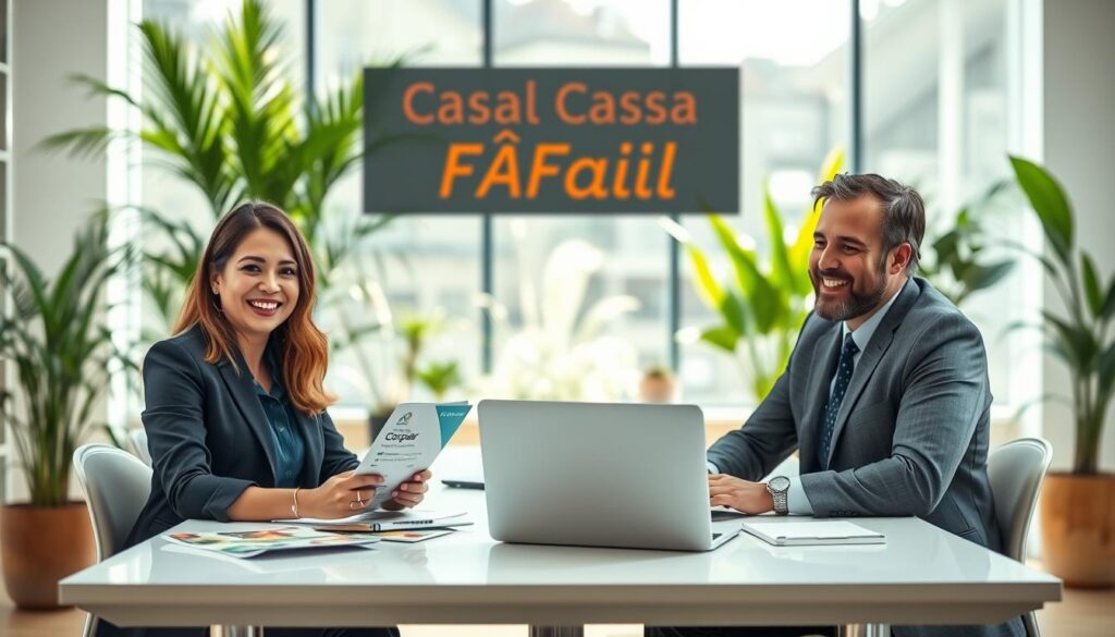 A modern, welcoming office scene representing the "Cadastro Casa Fácil Paraná" initiative. In the foreground, a professional-looking woman and man, dressed in smart casual attire, are seated at a desk with laptops open, engaged in a discussion. The middle layer includes colorful brochures and a laptop displaying the Cohapar website, indicating a user-friendly interface. The background showcases large windows with sunlight streaming in, surrounded by plants, creating a bright and optimistic atmosphere. Soft lighting enhances the friendly mood, while a shallow depth of field focuses on the main subjects, subtly blurring the background to emphasize their interaction and the theme of accessibility and support in home registration processes. A modern, welcoming office scene representing the "Cadastro Casa Fácil Paraná" initiative. In the foreground, a professional-looking woman and man, dressed in smart casual attire, are seated at a desk with laptops open, engaged in a discussion. The middle layer includes colorful brochures and a laptop displaying the Cohapar website, indicating a user-friendly interface. The background showcases large windows with sunlight streaming in, surrounded by plants, creating a bright and optimistic atmosphere. Soft lighting enhances the friendly mood, while a shallow depth of field focuses on the main subjects, subtly blurring the background to emphasize their interaction and the theme of accessibility and support in home registration processes.