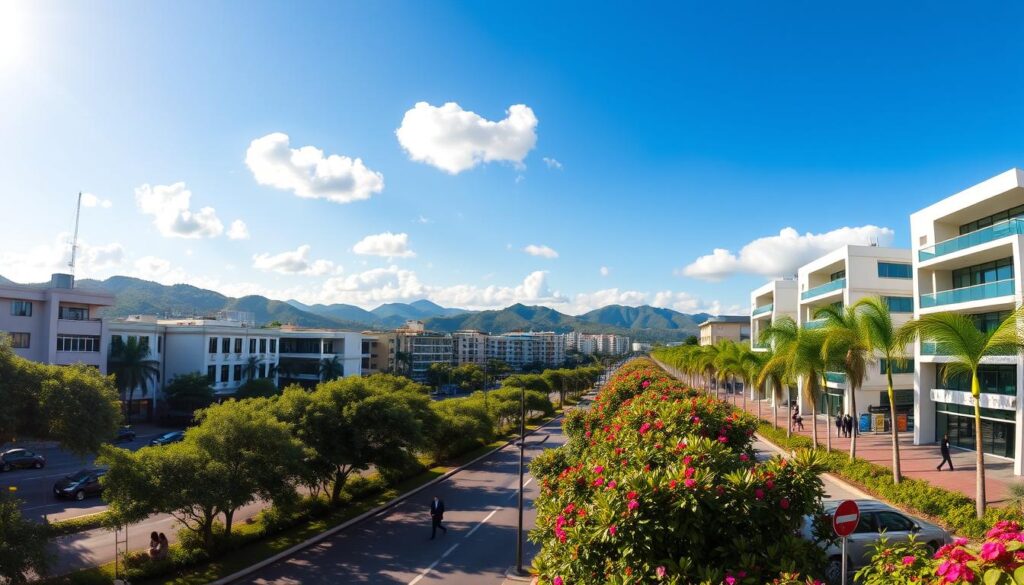 A panoramic view of Avenida Cerro Azul in Maringá, PR, capturing the contrast between the high and low areas. In the foreground, lush greenery lines the avenue with vibrant flowers in bloom, showcasing a lively urban atmosphere. The middle section features modern buildings with varying architectural styles, illustrating economic diversity, while people in professional business attire walk along the sidewalks. In the background, gentle hills rise under a bright blue sky dotted with fluffy clouds, enhancing the scenic beauty of the area. The lighting is warm and inviting, evoking a sense of optimism and growth, with sunlight casting soft shadows that add depth to the scene. The image should not include any text or watermarks. A panoramic view of Avenida Cerro Azul in Maringá, PR, capturing the contrast between the high and low areas. In the foreground, lush greenery lines the avenue with vibrant flowers in bloom, showcasing a lively urban atmosphere. The middle section features modern buildings with varying architectural styles, illustrating economic diversity, while people in professional business attire walk along the sidewalks. In the background, gentle hills rise under a bright blue sky dotted with fluffy clouds, enhancing the scenic beauty of the area. The lighting is warm and inviting, evoking a sense of optimism and growth, with sunlight casting soft shadows that add depth to the scene. The image should not include any text or watermarks.