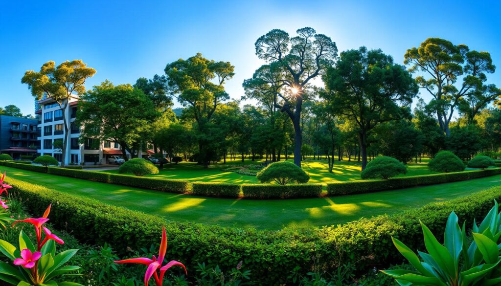 A panoramic view of "Vista Parque Ingá", capturing the lush greenery and serene environment of the park. In the foreground, a well-manicured garden with vibrant tropical flowers and neatly trimmed hedges, inviting visitors to stroll through. The middle ground features elegant, modern residential buildings with large windows facing the park, showcasing their value and proximity to nature. In the background, tall, dense trees of the park create a rich, green backdrop under a clear blue sky, illuminated by warm, golden sunlight filtering through the branches. The angle is slightly elevated, providing a comprehensive view that conveys tranquility and emphasizes the beauty of living near the park. Soft, natural lighting enhances the peaceful atmosphere, evoking a sense of desire for real estate in this picturesque location. A panoramic view of "Vista Parque Ingá", capturing the lush greenery and serene environment of the park. In the foreground, a well-manicured garden with vibrant tropical flowers and neatly trimmed hedges, inviting visitors to stroll through. The middle ground features elegant, modern residential buildings with large windows facing the park, showcasing their value and proximity to nature. In the background, tall, dense trees of the park create a rich, green backdrop under a clear blue sky, illuminated by warm, golden sunlight filtering through the branches. The angle is slightly elevated, providing a comprehensive view that conveys tranquility and emphasizes the beauty of living near the park. Soft, natural lighting enhances the peaceful atmosphere, evoking a sense of desire for real estate in this picturesque location.