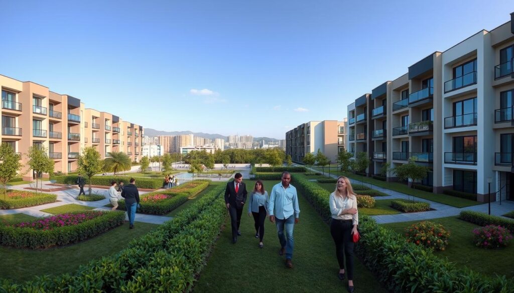A panoramic view of a modern residential condominium complex in Paiçandu, Paraná, showcasing multiple well-designed buildings with contemporary architecture. In the foreground, lush green landscaping with neatly trimmed hedges and colorful flowers lines the pathways, inviting residents. The middle ground features several families enjoying outdoor spaces, dressed in professional business attire and modest casual clothing, emphasizing a vibrant community atmosphere. In the background, the skyline of Paiçandu under a bright, clear sky, with soft, warm sunlight casting gentle shadows to create an inviting and secure feel. The image should be captured from a slightly elevated angle to provide depth and perspective, enhancing the sense of tranquility and modern living within the condominiums. A panoramic view of a modern residential condominium complex in Paiçandu, Paraná, showcasing multiple well-designed buildings with contemporary architecture. In the foreground, lush green landscaping with neatly trimmed hedges and colorful flowers lines the pathways, inviting residents. The middle ground features several families enjoying outdoor spaces, dressed in professional business attire and modest casual clothing, emphasizing a vibrant community atmosphere. In the background, the skyline of Paiçandu under a bright, clear sky, with soft, warm sunlight casting gentle shadows to create an inviting and secure feel. The image should be captured from a slightly elevated angle to provide depth and perspective, enhancing the sense of tranquility and modern living within the condominiums.
