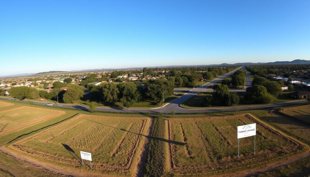 A panoramic view of available residential lots (terrenos) in Mandaguaçu, depicting a vibrant suburban landscape under a clear blue sky. In the foreground, several marked plots of land are visible, with boundary markers and small signs indicating "Financing Available." In the middle ground, mature trees and neatly maintained roads intersect, giving a sense of community. The background features distant rolling hills, creating a natural frame for the scene. Soft, golden afternoon light bathes the area, highlighting the greenery and the potential for development. The atmosphere feels welcoming and promising, emphasizing the opportunities in the real estate market in Mandaguaçu. Capture the essence of a thriving neighborhood poised for growth. A panoramic view of available residential lots (terrenos) in Mandaguaçu, depicting a vibrant suburban landscape under a clear blue sky. In the foreground, several marked plots of land are visible, with boundary markers and small signs indicating "Financing Available." In the middle ground, mature trees and neatly maintained roads intersect, giving a sense of community. The background features distant rolling hills, creating a natural frame for the scene. Soft, golden afternoon light bathes the area, highlighting the greenery and the potential for development. The atmosphere feels welcoming and promising, emphasizing the opportunities in the real estate market in Mandaguaçu. Capture the essence of a thriving neighborhood poised for growth.
