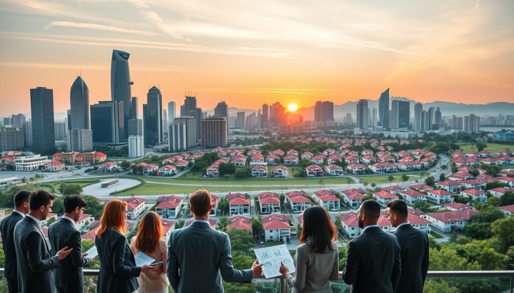 A panoramic view of the Brazilian real estate financing landscape in 2026, featuring a modern city skyline with sleek skyscrapers symbolizing financial institutions. The foreground shows a diverse group of professionals in business attire, discussing financing options, with open laptops and charts illustrating interest rates. In the middle ground, vibrant residential neighborhoods with newly developed homes and green spaces, showcasing prosperity and growth. The background displays a stunning sunset casting warm hues over the city, with clear skies indicating optimism for the future. The image should have a bright and hopeful atmosphere, captured with a wide-angle lens to emphasize the expansive landscape and dynamic interactions. A panoramic view of the Brazilian real estate financing landscape in 2026, featuring a modern city skyline with sleek skyscrapers symbolizing financial institutions. The foreground shows a diverse group of professionals in business attire, discussing financing options, with open laptops and charts illustrating interest rates. In the middle ground, vibrant residential neighborhoods with newly developed homes and green spaces, showcasing prosperity and growth. The background displays a stunning sunset casting warm hues over the city, with clear skies indicating optimism for the future. The image should have a bright and hopeful atmosphere, captured with a wide-angle lens to emphasize the expansive landscape and dynamic interactions.