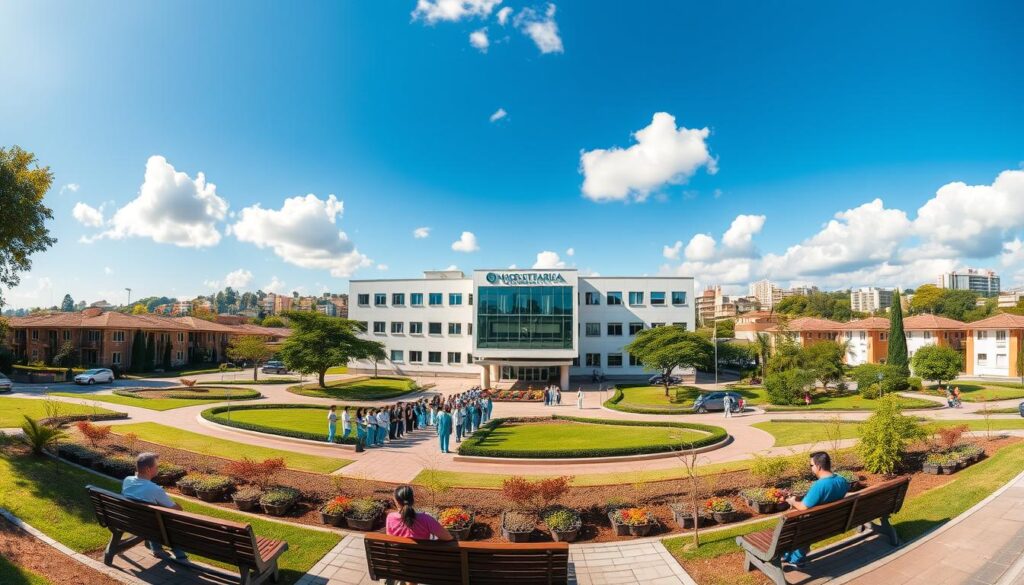 A panoramic view of the area surrounding a vibrant Hospital Universitário, showcasing a clean and modern architectural design. In the foreground, there are well-manicured gardens with benches where medical residents in professional attire can be seen engaging in discussions. The middle ground showcases the hospital's main entrance, bustling with activity, featuring doctors and nurses in scrubs. The background reveals a bright blue sky with soft, fluffy clouds, and a range of residential buildings that reflect a sense of community and accessibility. The scene is illuminated by warm sunlight, giving a welcoming atmosphere, captured with a slightly elevated angle to emphasize both the hospital and the nearby homes. The overall mood is lively and professional, highlighting the importance of the hospital in the community. A panoramic view of the area surrounding a vibrant Hospital Universitário, showcasing a clean and modern architectural design. In the foreground, there are well-manicured gardens with benches where medical residents in professional attire can be seen engaging in discussions. The middle ground showcases the hospital's main entrance, bustling with activity, featuring doctors and nurses in scrubs. The background reveals a bright blue sky with soft, fluffy clouds, and a range of residential buildings that reflect a sense of community and accessibility. The scene is illuminated by warm sunlight, giving a welcoming atmosphere, captured with a slightly elevated angle to emphasize both the hospital and the nearby homes. The overall mood is lively and professional, highlighting the importance of the hospital in the community.