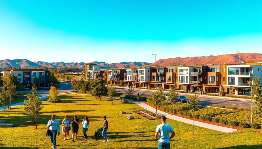 A panoramic view of the vibrant "Venda Astorga" area, showcasing modern residential buildings and lush greenery along the route to Astorga, Paraná. In the foreground, an inviting park with families enjoying their time, dressed in smart casual attire, engaging in leisure activities. In the middle ground, attractive new housing developments with contemporary architecture, highlighting large windows and sustainable design elements. The background reveals rolling hills and a clear blue sky under soft, warm sunlight, enhancing the inviting atmosphere. The scene should be captured from a slightly elevated angle, emphasizing both the liveliness of the area and the surrounding natural beauty, evoking a sense of community and opportunity. The overall mood is uplifting and optimistic, ideal for showcasing new developments. A panoramic view of the vibrant "Venda Astorga" area, showcasing modern residential buildings and lush greenery along the route to Astorga, Paraná. In the foreground, an inviting park with families enjoying their time, dressed in smart casual attire, engaging in leisure activities. In the middle ground, attractive new housing developments with contemporary architecture, highlighting large windows and sustainable design elements. The background reveals rolling hills and a clear blue sky under soft, warm sunlight, enhancing the inviting atmosphere. The scene should be captured from a slightly elevated angle, emphasizing both the liveliness of the area and the surrounding natural beauty, evoking a sense of community and opportunity. The overall mood is uplifting and optimistic, ideal for showcasing new developments.
