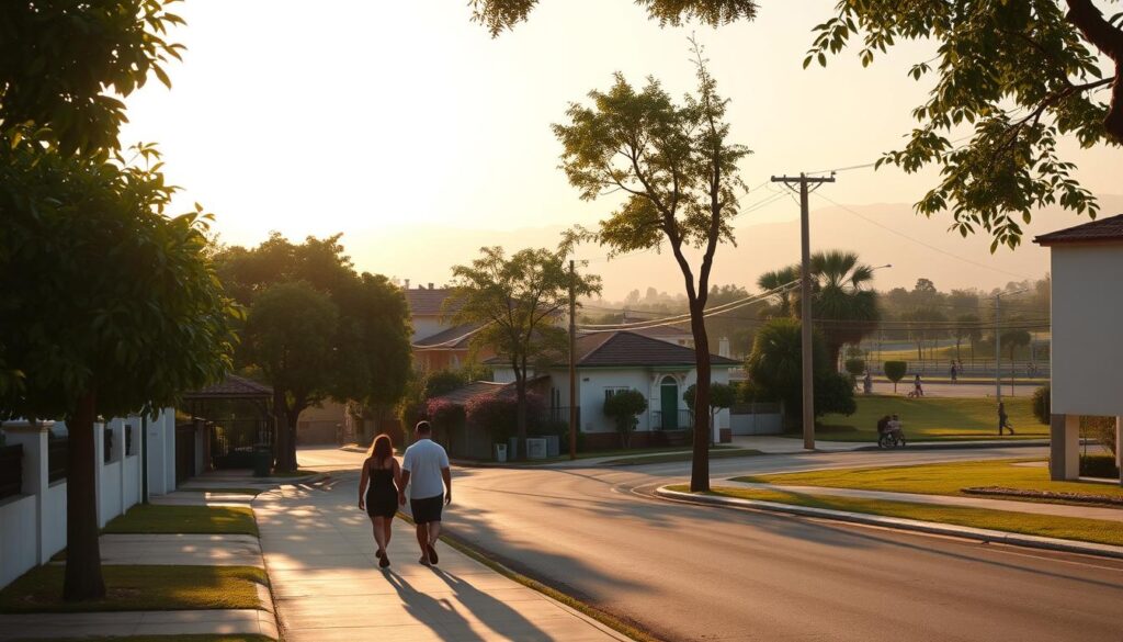 A peaceful street view of Rua Paranaguá in Zona 07, Maringá, showcasing a blend of modern and traditional residential architecture. The foreground features lush green trees, casting soft shadows on the sidewalk, where a couple in modest casual clothing strolls quietly, enjoying the tranquility. In the middle ground, charming houses with colorful facades line the street, interspersed with blooming flowers, accentuating the neighborhood's charm. The background reveals a hazy sunset, bathing the scene in warm, golden light, enhancing the serene atmosphere. A gently winding road leads the eye toward a distant park where a few people are relaxing quietly. Use a wide-angle lens effect to capture the full serenity of this neighborhood, evoking a sense of calm and community. A peaceful street view of Rua Paranaguá in Zona 07, Maringá, showcasing a blend of modern and traditional residential architecture. The foreground features lush green trees, casting soft shadows on the sidewalk, where a couple in modest casual clothing strolls quietly, enjoying the tranquility. In the middle ground, charming houses with colorful facades line the street, interspersed with blooming flowers, accentuating the neighborhood's charm. The background reveals a hazy sunset, bathing the scene in warm, golden light, enhancing the serene atmosphere. A gently winding road leads the eye toward a distant park where a few people are relaxing quietly. Use a wide-angle lens effect to capture the full serenity of this neighborhood, evoking a sense of calm and community.