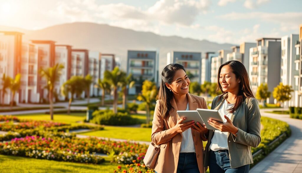 A picturesque scene of Jardim Alvorada, showcasing modern residential buildings with a focus on the concept of financing. In the foreground, a couple of diverse individuals dressed in smart casual clothing are discussing home financing, with digital tablets in hand, exuding optimism. The middle ground features well-maintained green spaces and vibrant flowers, symbolizing growth and prosperity. In the background, the skyline of Jardim Alvorada with stylish architecture, bathed in warm golden sunlight, creates a welcoming atmosphere. The lighting is bright and cheerful, enhancing the sense of opportunity and community. The composition should convey a sense of hope and practicality, inviting viewers to envision their potential future in a financially accessible neighborhood. A picturesque scene of Jardim Alvorada, showcasing modern residential buildings with a focus on the concept of financing. In the foreground, a couple of diverse individuals dressed in smart casual clothing are discussing home financing, with digital tablets in hand, exuding optimism. The middle ground features well-maintained green spaces and vibrant flowers, symbolizing growth and prosperity. In the background, the skyline of Jardim Alvorada with stylish architecture, bathed in warm golden sunlight, creates a welcoming atmosphere. The lighting is bright and cheerful, enhancing the sense of opportunity and community. The composition should convey a sense of hope and practicality, inviting viewers to envision their potential future in a financially accessible neighborhood.