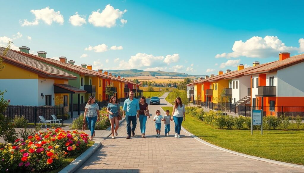 A picturesque scene showcasing a modern residential development inspired by "Minha Casa Minha Vida." In the foreground, depict a cozy, welcoming entrance with vibrant flowers and well-maintained greenery surrounding a cluster of cheerful, colorful homes designed in a contemporary style. The middle ground features families exploring the neighborhood, with individuals dressed in modest casual clothing to reflect a community atmosphere. In the background, capture a clear blue sky, with clouds dotted across it, and the suggestion of a serene rural landscape leading toward Astorga, symbolizing accessibility. Use warm, inviting lighting to evoke a sense of hope and opportunity, with a slightly elevated perspective, akin to a lens shot from above, creating depth and perspective. The overall mood should be optimistic and family-friendly, emphasizing the concept of community living. A picturesque scene showcasing a modern residential development inspired by "Minha Casa Minha Vida." In the foreground, depict a cozy, welcoming entrance with vibrant flowers and well-maintained greenery surrounding a cluster of cheerful, colorful homes designed in a contemporary style. The middle ground features families exploring the neighborhood, with individuals dressed in modest casual clothing to reflect a community atmosphere. In the background, capture a clear blue sky, with clouds dotted across it, and the suggestion of a serene rural landscape leading toward Astorga, symbolizing accessibility. Use warm, inviting lighting to evoke a sense of hope and opportunity, with a slightly elevated perspective, akin to a lens shot from above, creating depth and perspective. The overall mood should be optimistic and family-friendly, emphasizing the concept of community living.