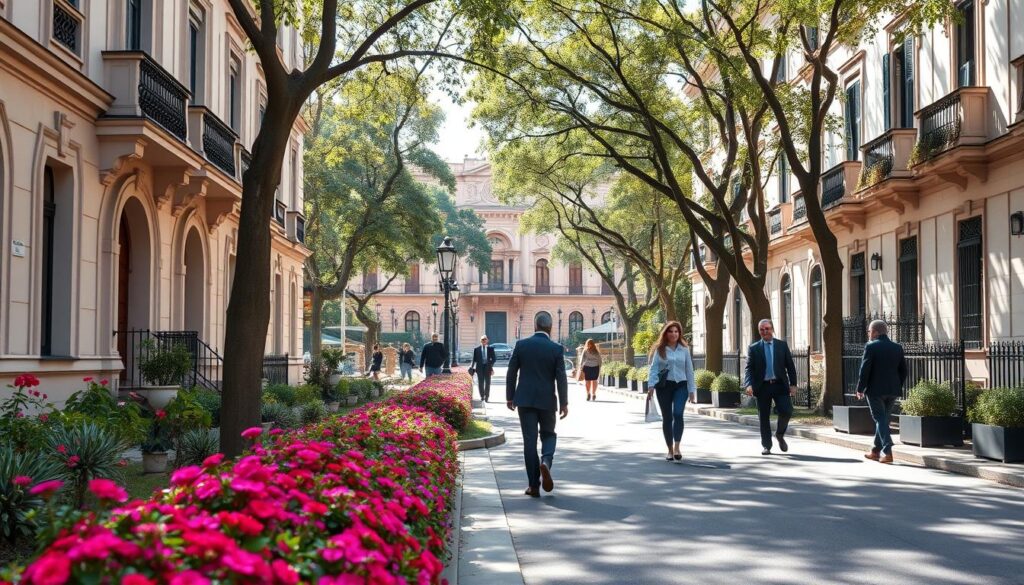 A picturesque street view of Rua Néo Alves Martins, a charming residential avenue in Zona 01, showcasing elegant buildings with manicured gardens. In the foreground, vibrant flower beds align the sidewalk, while people dressed in professional business attire walk past, engaging in conversation. The middle ground features well-maintained historical architecture, highlighting intricate facades and ornate windows. In the background, soft sunlight filters through leafy trees, casting dappled shadows on the street, creating a warm and inviting atmosphere. The scene captures the essence of a prestigious neighborhood with a sense of community. The image should be taken from a slightly elevated angle, enhancing depth while providing a panoramic view of the street, with a gentle focus to evoke a serene and pleasant mood. A picturesque street view of Rua Néo Alves Martins, a charming residential avenue in Zona 01, showcasing elegant buildings with manicured gardens. In the foreground, vibrant flower beds align the sidewalk, while people dressed in professional business attire walk past, engaging in conversation. The middle ground features well-maintained historical architecture, highlighting intricate facades and ornate windows. In the background, soft sunlight filters through leafy trees, casting dappled shadows on the street, creating a warm and inviting atmosphere. The scene captures the essence of a prestigious neighborhood with a sense of community. The image should be taken from a slightly elevated angle, enhancing depth while providing a panoramic view of the street, with a gentle focus to evoke a serene and pleasant mood.