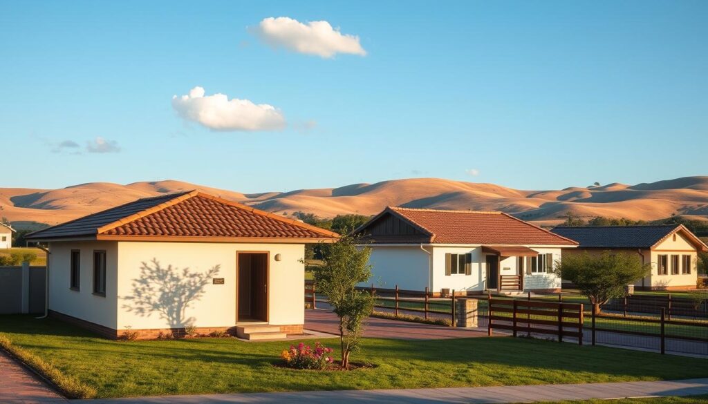 A picturesque suburban scene in Marialva, showcasing several charming houses designed under the Casa Verde e Amarela program. In the foreground, a cozy house with a small, well-maintained garden featuring bright flowers and a small tree. The middle ground shows two more houses with similar architectural styles, each having spacious backyards that suggest eligibility for financing options. The background includes softly rolling hills under a clear blue sky, with a few fluffy clouds. The lighting is warm and inviting, reminiscent of late afternoon sun, casting gentle shadows. The mood is optimistic and peaceful, reflecting a thriving community. A picturesque suburban scene in Marialva, showcasing several charming houses designed under the Casa Verde e Amarela program. In the foreground, a cozy house with a small, well-maintained garden featuring bright flowers and a small tree. The middle ground shows two more houses with similar architectural styles, each having spacious backyards that suggest eligibility for financing options. The background includes softly rolling hills under a clear blue sky, with a few fluffy clouds. The lighting is warm and inviting, reminiscent of late afternoon sun, casting gentle shadows. The mood is optimistic and peaceful, reflecting a thriving community.
