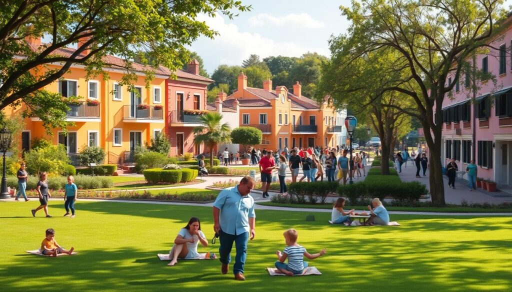 A picturesque view of "Clube Olímpico," showcasing a serene residential area. In the foreground, depict a well-maintained park with families enjoying a sunny day – children playing, couples walking, and friends having a picnic on the lush green grass. In the middle, illustrate charming residential buildings with vibrant colors and balconies adorned with potted plants. People can be seen engaging in community activities, fostering a sense of conviviality. In the background, feature a quaint street lined with trees, where local events can be imagined, creating a dynamic yet peaceful atmosphere. Utilize warm, natural lighting to enhance the friendly vibe, with a slightly elevated angle to capture the lively scene. The mood is relaxed and inviting, encapsulating the essence of community life throughout the year. A picturesque view of "Clube Olímpico," showcasing a serene residential area. In the foreground, depict a well-maintained park with families enjoying a sunny day – children playing, couples walking, and friends having a picnic on the lush green grass. In the middle, illustrate charming residential buildings with vibrant colors and balconies adorned with potted plants. People can be seen engaging in community activities, fostering a sense of conviviality. In the background, feature a quaint street lined with trees, where local events can be imagined, creating a dynamic yet peaceful atmosphere. Utilize warm, natural lighting to enhance the friendly vibe, with a slightly elevated angle to capture the lively scene. The mood is relaxed and inviting, encapsulating the essence of community life throughout the year.