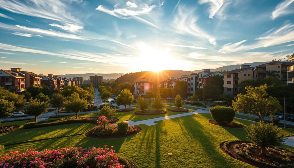 A picturesque view of Jardim Espanha, Maringá, during the golden hour, highlighting the vibrant residential condominiums of the area. In the foreground, show well-maintained gardens with blooming flowers and manicured lawns, reflecting a sense of community and tranquility. In the midground, capture modern condominiums with a mix of architectural styles, featuring balconies and lush greenery surrounding them. The background should showcase the region's natural beauty, with soft, rolling hills and a clear blue sky dotted with wispy clouds promoting a serene atmosphere. Use bright, warm lighting to enhance the inviting mood of the scene, creating a sense of growth and prosperity. A slight angle from above will provide a comprehensive view of this thriving neighborhood. A picturesque view of Jardim Espanha, Maringá, during the golden hour, highlighting the vibrant residential condominiums of the area. In the foreground, show well-maintained gardens with blooming flowers and manicured lawns, reflecting a sense of community and tranquility. In the midground, capture modern condominiums with a mix of architectural styles, featuring balconies and lush greenery surrounding them. The background should showcase the region's natural beauty, with soft, rolling hills and a clear blue sky dotted with wispy clouds promoting a serene atmosphere. Use bright, warm lighting to enhance the inviting mood of the scene, creating a sense of growth and prosperity. A slight angle from above will provide a comprehensive view of this thriving neighborhood.