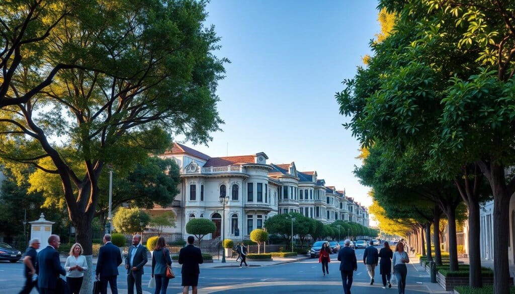 A picturesque view of Rua Néo Alves Martins, showcasing the elegance of a prestigious street in Zona 01. The foreground features lush green trees lining the sidewalk, with people dressed in professional business attire engaging in conversation. In the middle ground, charming, well-maintained houses with ornate facades and manicured gardens reflect the affluent nature of the area. The background includes a clear blue sky, with soft, golden sunlight casting warm shadows, enhancing the mood of sophistication and tranquility. Capture this scene from a slightly elevated angle to provide depth, emphasizing the charm of the street. The atmosphere should be calm and inviting, portraying a sense of community and prestige. A picturesque view of Rua Néo Alves Martins, showcasing the elegance of a prestigious street in Zona 01. The foreground features lush green trees lining the sidewalk, with people dressed in professional business attire engaging in conversation. In the middle ground, charming, well-maintained houses with ornate facades and manicured gardens reflect the affluent nature of the area. The background includes a clear blue sky, with soft, golden sunlight casting warm shadows, enhancing the mood of sophistication and tranquility. Capture this scene from a slightly elevated angle to provide depth, emphasizing the charm of the street. The atmosphere should be calm and inviting, portraying a sense of community and prestige.