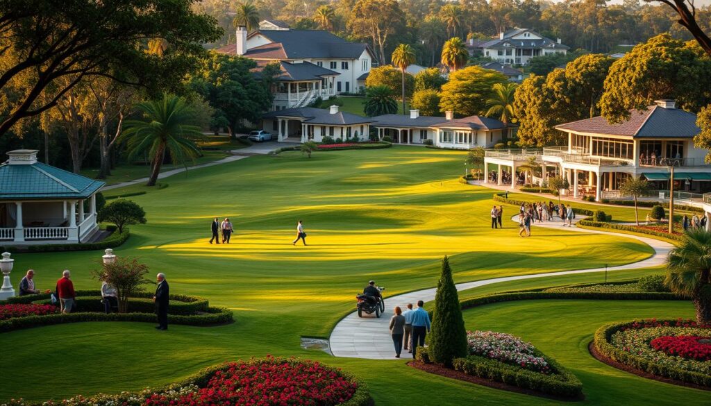 A picturesque view of the Country Club Maringá, featuring lush green golf courses and immaculate landscaping. In the foreground, elegant homes with modern architectural designs, manicured gardens, and vibrant flower beds, showcasing the appeal of the surrounding neighborhood. The middle ground should include groups of people in professional attire enjoying leisure activities like golfing or strolling along the pathways, exuding a sense of community and tranquility. In the background, the club's iconic clubhouse with large windows and outdoor seating, framed by tall, leafy trees. Soft, golden hour lighting bathes the scene in a warm glow, creating a serene and inviting atmosphere. The angle should be a slightly elevated view to capture both the richness of the natural surroundings and the upscale nature of the neighborhood. A picturesque view of the Country Club Maringá, featuring lush green golf courses and immaculate landscaping. In the foreground, elegant homes with modern architectural designs, manicured gardens, and vibrant flower beds, showcasing the appeal of the surrounding neighborhood. The middle ground should include groups of people in professional attire enjoying leisure activities like golfing or strolling along the pathways, exuding a sense of community and tranquility. In the background, the club's iconic clubhouse with large windows and outdoor seating, framed by tall, leafy trees. Soft, golden hour lighting bathes the scene in a warm glow, creating a serene and inviting atmosphere. The angle should be a slightly elevated view to capture both the richness of the natural surroundings and the upscale nature of the neighborhood.