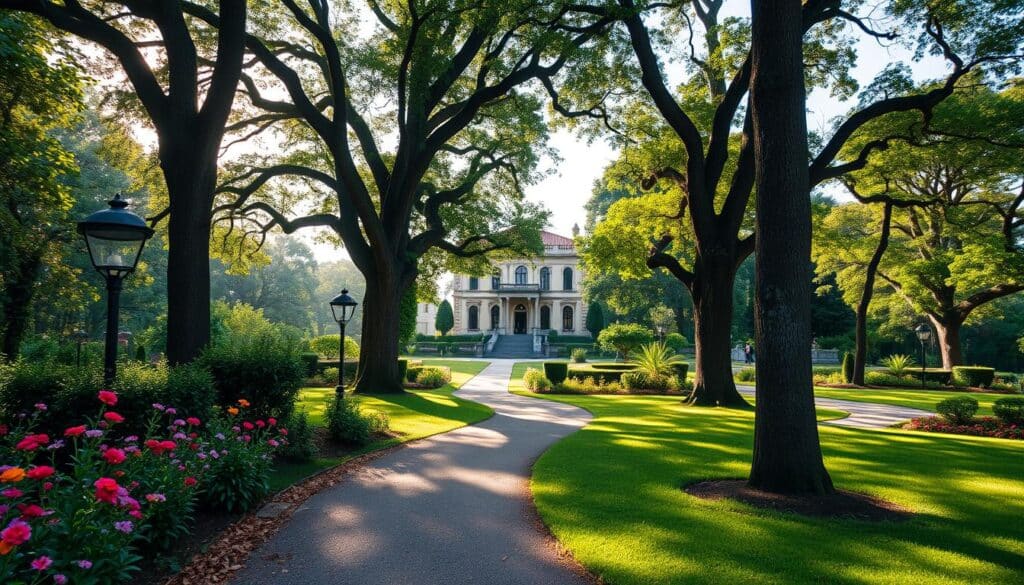 A picturesque view of the Horto Florestal in Maringá, featuring lush greenery and a serene atmosphere. In the foreground, a winding path lined with vibrant flowers and tall trees invites observers to explore. The middle ground showcases a majestic old mansion, reflecting the architectural elegance of the era, surrounded by a well-manicured garden. In the background, soft sunlight filters through the leaves, casting dappled shadows on the ground, enhancing the peaceful vibe. A gentle breeze rustles the foliage, creating a sense of tranquility. Capture this scene using a wide-angle lens to emphasize the beauty and depth of the landscape, with natural light for a soft and inviting ambiance. Convey a mood of nostalgia and reverence for nature and history. A picturesque view of the Horto Florestal in Maringá, featuring lush greenery and a serene atmosphere. In the foreground, a winding path lined with vibrant flowers and tall trees invites observers to explore. The middle ground showcases a majestic old mansion, reflecting the architectural elegance of the era, surrounded by a well-manicured garden. In the background, soft sunlight filters through the leaves, casting dappled shadows on the ground, enhancing the peaceful vibe. A gentle breeze rustles the foliage, creating a sense of tranquility. Capture this scene using a wide-angle lens to emphasize the beauty and depth of the landscape, with natural light for a soft and inviting ambiance. Convey a mood of nostalgia and reverence for nature and history.