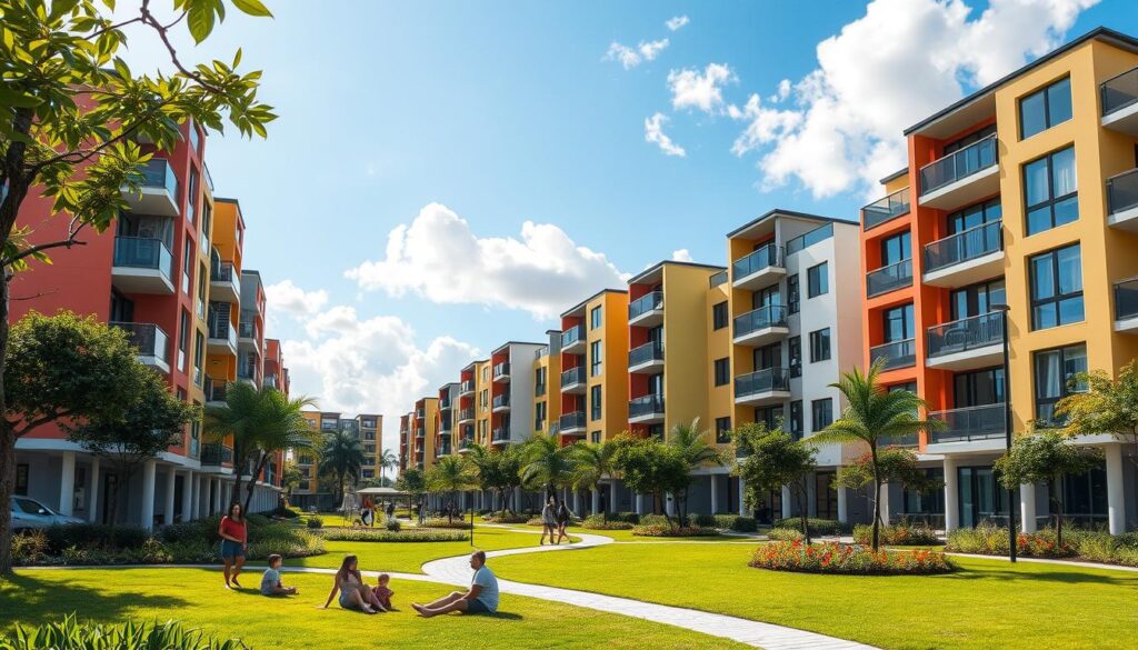 A picturesque view of the "Residencial Egéia Jardim Europa" in Maringá, featuring a series of modern residential buildings with vibrant facades and lush green landscaping. In the foreground, a well-maintained park with families enjoying leisurely activities adds warmth to the scene. The middle ground showcases the contemporary architecture of the housing complex, emphasizing large windows and balconies that reflect sunlight. In the background, a clear blue sky complements the setting, with soft, fluffy clouds adding depth to the atmosphere. The lighting is bright and inviting, creating a sense of hope and new beginnings. The mood is uplifting and community-focused, perfect for illustrating themes of urban development and housing opportunities. A wide-angle view captures the essence of the neighborhood, highlighting its charm and modernity. A picturesque view of the "Residencial Egéia Jardim Europa" in Maringá, featuring a series of modern residential buildings with vibrant facades and lush green landscaping. In the foreground, a well-maintained park with families enjoying leisurely activities adds warmth to the scene. The middle ground showcases the contemporary architecture of the housing complex, emphasizing large windows and balconies that reflect sunlight. In the background, a clear blue sky complements the setting, with soft, fluffy clouds adding depth to the atmosphere. The lighting is bright and inviting, creating a sense of hope and new beginnings. The mood is uplifting and community-focused, perfect for illustrating themes of urban development and housing opportunities. A wide-angle view captures the essence of the neighborhood, highlighting its charm and modernity.
