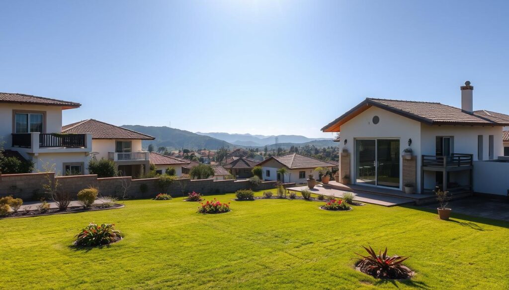 A picturesque view ofVenda Marialva, featuring a charming suburban neighborhood in Marialva, Brazil. In the foreground, a well-maintained property with a spacious backyard, lush green lawn, and vibrant flower beds under a clear blue sky. In the middle, traditional Brazilian homes with inviting facades, balconies adorned with greenery, and spacious patios that reflect the family-oriented atmosphere. The background showcases the scenic hills of Marialva, with sunlight gently illuminating the landscape, creating a warm and inviting feel. The scene is photographed with a slightly elevated angle, using a soft-focus lens to enhance the sense of depth and tranquility, conveying a peaceful suburban lifestyle with a strong emphasis on outdoor living spaces. A picturesque view ofVenda Marialva, featuring a charming suburban neighborhood in Marialva, Brazil. In the foreground, a well-maintained property with a spacious backyard, lush green lawn, and vibrant flower beds under a clear blue sky. In the middle, traditional Brazilian homes with inviting facades, balconies adorned with greenery, and spacious patios that reflect the family-oriented atmosphere. The background showcases the scenic hills of Marialva, with sunlight gently illuminating the landscape, creating a warm and inviting feel. The scene is photographed with a slightly elevated angle, using a soft-focus lens to enhance the sense of depth and tranquility, conveying a peaceful suburban lifestyle with a strong emphasis on outdoor living spaces.
