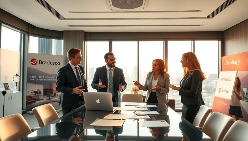 A professional and elegant office setting showcasing the advantages of Bradesco bank for account holders. In the foreground, a diverse group of three business professionals, two men and one woman, dressed in smart business attire are engaged in an animated discussion, gesturing towards financial documents and a laptop on a conference table. In the middle ground, a large window reveals a sunny cityscape, adding to the atmosphere of opportunity and success. In the background, subtle displays of Bradesco branding, such as logos and promotional materials, hint at exclusive banking advantages. Soft, warm lighting illuminates the scene, creating an inviting and optimistic mood, emphasizing the theme of exclusive benefits for Bradesco account holders. A professional and elegant office setting showcasing the advantages of Bradesco bank for account holders. In the foreground, a diverse group of three business professionals, two men and one woman, dressed in smart business attire are engaged in an animated discussion, gesturing towards financial documents and a laptop on a conference table. In the middle ground, a large window reveals a sunny cityscape, adding to the atmosphere of opportunity and success. In the background, subtle displays of Bradesco branding, such as logos and promotional materials, hint at exclusive banking advantages. Soft, warm lighting illuminates the scene, creating an inviting and optimistic mood, emphasizing the theme of exclusive benefits for Bradesco account holders.
