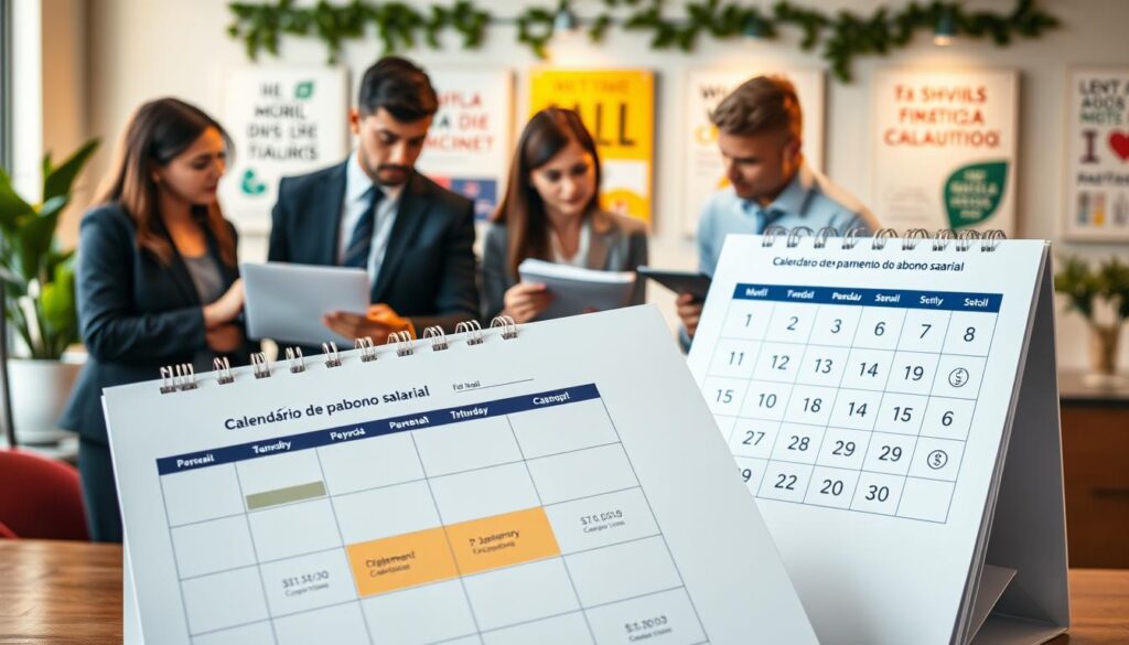 A professional and informative scene depicting a "calendário de pagamento do abono salarial" in Brazil. In the foreground, a neatly organized calendar page shows highlighted payment dates, with a stylized layout that includes symbolic icons representing finance and salaries. In the middle ground, a diverse group of business professionals, dressed in business attire, are engaged in discussion, reviewing documents and calculation tools, conveying a collaborative atmosphere. The background features a softly lit office environment with greenery and motivational posters, creating a positive and inspiring mood. The lighting is warm and inviting, emphasizing focus on the calendar and the professionals’ expressions of collaboration and engagement. A balanced composition with a clear depth of field enhances the sense of professionalism and efficiency. A professional and informative scene depicting a "calendário de pagamento do abono salarial" in Brazil. In the foreground, a neatly organized calendar page shows highlighted payment dates, with a stylized layout that includes symbolic icons representing finance and salaries. In the middle ground, a diverse group of business professionals, dressed in business attire, are engaged in discussion, reviewing documents and calculation tools, conveying a collaborative atmosphere. The background features a softly lit office environment with greenery and motivational posters, creating a positive and inspiring mood. The lighting is warm and inviting, emphasizing focus on the calendar and the professionals’ expressions of collaboration and engagement. A balanced composition with a clear depth of field enhances the sense of professionalism and efficiency.