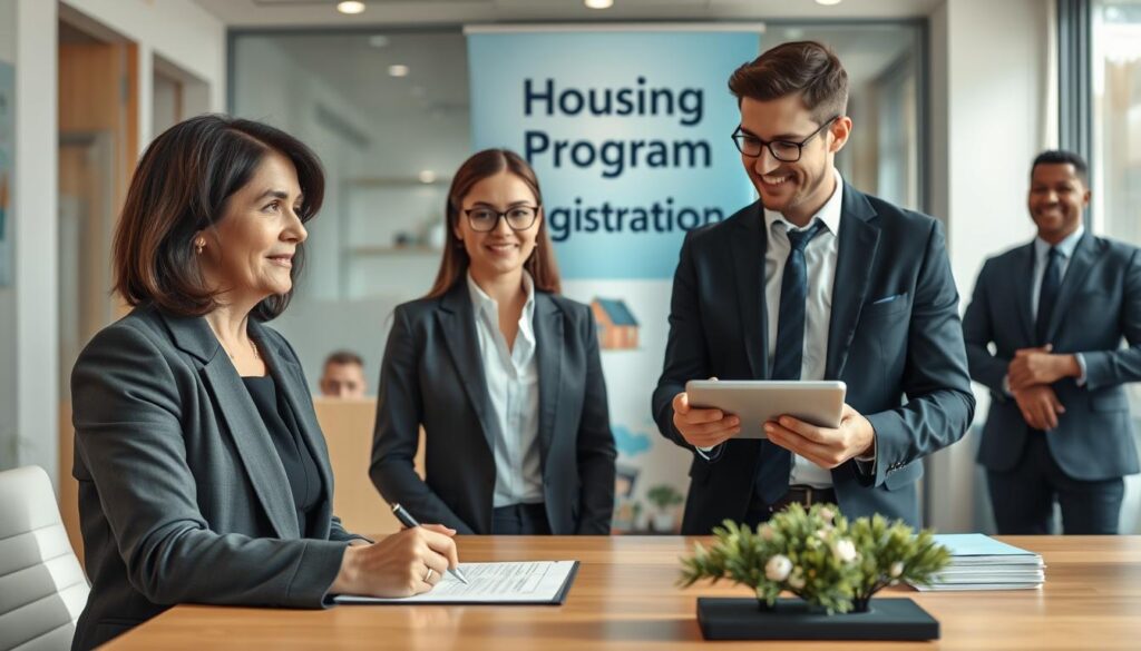 A professional and inviting scene depicting a diverse group of individuals engaged in the registration process for a housing program in a modern office setting. In the foreground, a middle-aged woman in business attire is filling out a form at a desk, looking focused and optimistic. Beside her, a young man in smart casual wear is discussing details with a friendly, professional consultant, who is pointing at a digital tablet displaying program details. In the middle background, a large banner subtly showcases the theme of "Housing Program Registration," while the environment is bright, well-lit, and organized, conveying a sense of hope and opportunity. The atmosphere should be warm and welcoming, filled with light and a sense of determination to achieve home ownership. A professional and inviting scene depicting a diverse group of individuals engaged in the registration process for a housing program in a modern office setting. In the foreground, a middle-aged woman in business attire is filling out a form at a desk, looking focused and optimistic. Beside her, a young man in smart casual wear is discussing details with a friendly, professional consultant, who is pointing at a digital tablet displaying program details. In the middle background, a large banner subtly showcases the theme of "Housing Program Registration," while the environment is bright, well-lit, and organized, conveying a sense of hope and opportunity. The atmosphere should be warm and welcoming, filled with light and a sense of determination to achieve home ownership.