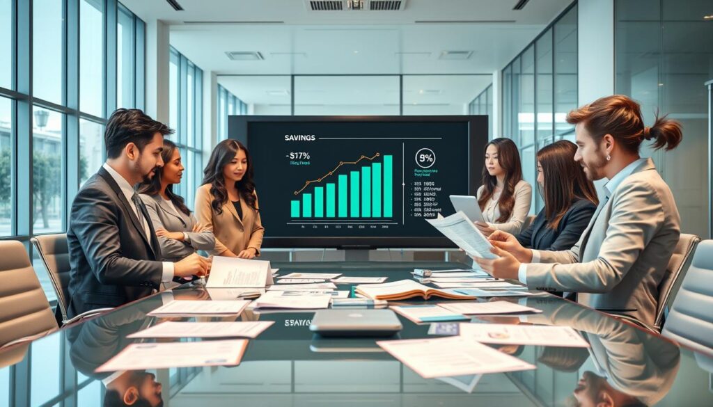 A professional banking office with a modern aesthetic, featuring a glass conference table and sleek chairs. In the foreground, a diverse group of business professionals in smart attire are engaged in a discussion, examining financial documents and charts displaying interest rates and discounts. The middle ground showcases a digital screen with illustrations of decreasing interest rates and dollar signs, symbolizing savings. In the background, large windows allow natural light to flood the room, creating a bright and optimistic atmosphere. The color palette is a mix of calming blues and greens, representing trust and stability in finance. The overall mood is collaborative and focused, emphasizing teamwork in achieving financial goals. A professional banking office with a modern aesthetic, featuring a glass conference table and sleek chairs. In the foreground, a diverse group of business professionals in smart attire are engaged in a discussion, examining financial documents and charts displaying interest rates and discounts. The middle ground showcases a digital screen with illustrations of decreasing interest rates and dollar signs, symbolizing savings. In the background, large windows allow natural light to flood the room, creating a bright and optimistic atmosphere. The color palette is a mix of calming blues and greens, representing trust and stability in finance. The overall mood is collaborative and focused, emphasizing teamwork in achieving financial goals.