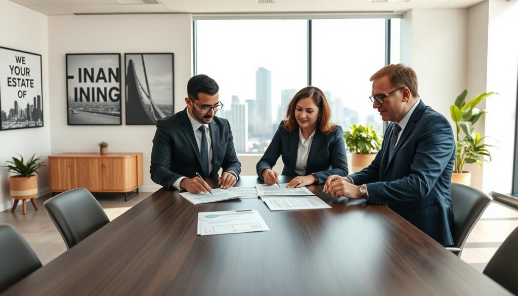 A professional business environment depicting a real estate financing scenario. In the foreground, a diverse group of three individuals dressed in smart business attire is gathered around a modern conference table, analyzing documents related to property financing. In the middle ground, there’s a large window revealing a city skyline, symbolizing opportunities and growth. The background features a stylish office with motivational corporate artwork and plants, conveying a sense of professionalism and optimism. The lighting is bright and inviting, with natural sunlight streaming in, enhancing the atmosphere of collaboration and focus. An angle from slightly above the table creates an engaging perspective, framing the group’s discussion on the concept of real estate financing portability. A professional business environment depicting a real estate financing scenario. In the foreground, a diverse group of three individuals dressed in smart business attire is gathered around a modern conference table, analyzing documents related to property financing. In the middle ground, there’s a large window revealing a city skyline, symbolizing opportunities and growth. The background features a stylish office with motivational corporate artwork and plants, conveying a sense of professionalism and optimism. The lighting is bright and inviting, with natural sunlight streaming in, enhancing the atmosphere of collaboration and focus. An angle from slightly above the table creates an engaging perspective, framing the group’s discussion on the concept of real estate financing portability.